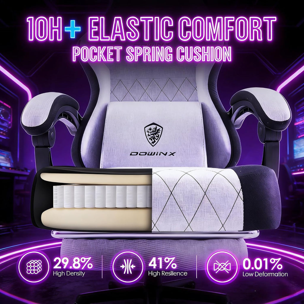 Dowinx Gaming Chair with Pocket Spring Cushion, Massage Lumbar Pillow & Footrest, Wide Seat with Padded Armrests, Breathable Fabric, Reclining Computer Chair for Home Office-Black and Gray