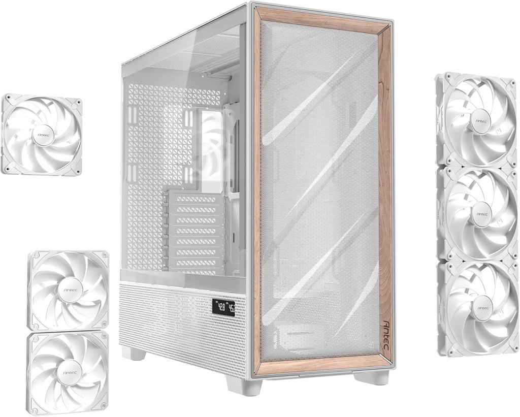 Antec Flux Pro White, 6 x PWM Fans Included, High-Airflow Front Panel with Birch Wood, iShift PSU 90° Mount, USB3.0 x 2, Type-C, 420mm Radiator Support, Temp. Display, Full-Tower E-ATX PC Case