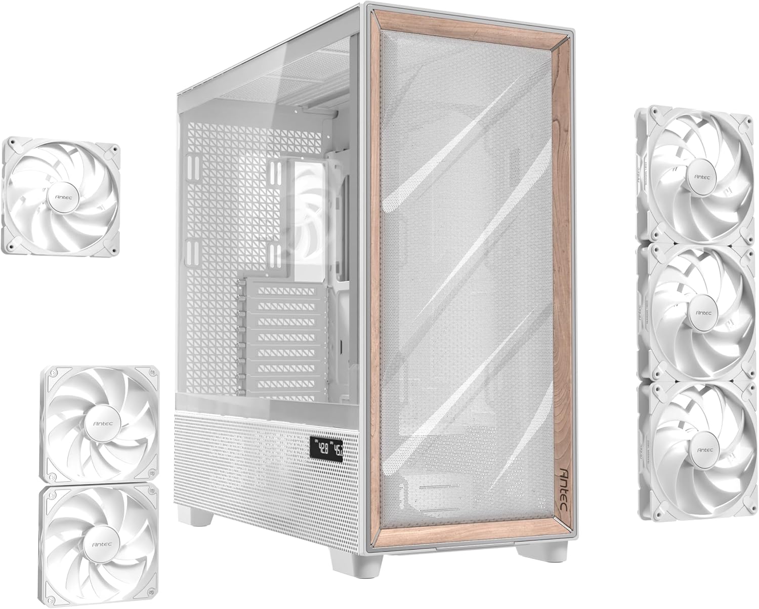 Antec Flux Pro White, 6 x PWM Fans Included, High-Airflow Front Panel with Birch Wood, iShift PSU 90° Mount, USB3.0 x 2, Type-C, 420mm Radiator Support, Temp. Display, Full-Tower E-ATX PC Case
