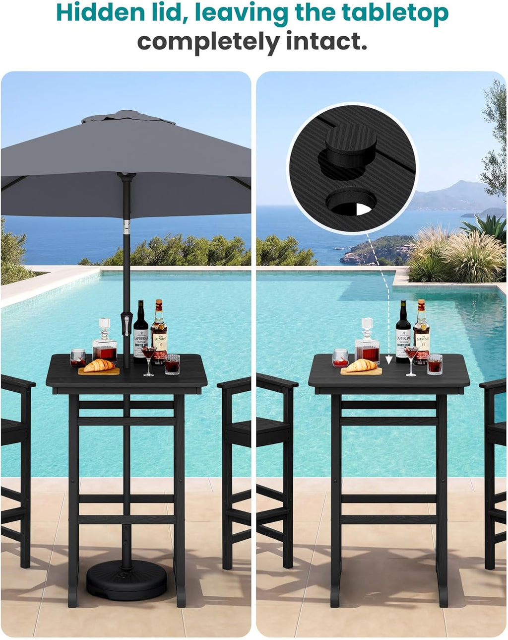 SERWALL 5-Piece Adirondack Bar Chairs Set, HDPE Adirondack Barstools with Pub Table, Outdoor Patio Bar Furniture for Bistro, Balcony, Poolside, Garden - Black