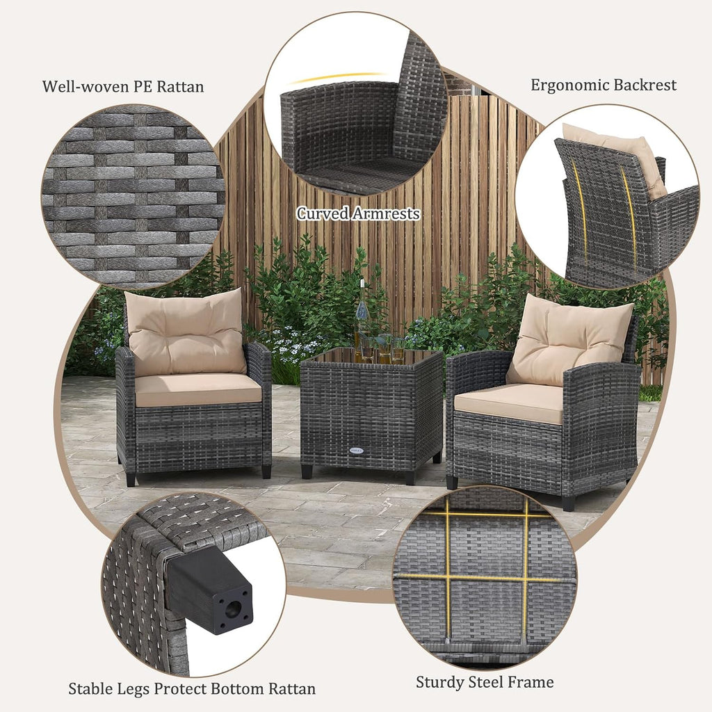 RELAX4LIFE 3 Piece Patio Furniture Set, Wicker Bistro Conversation Set w/2 Cushioned Armchairs & Glass Topped Table, Outdoor Rattan Sofa Set Patio Furniture for Porch Balcony Poolside (Grey-Beige)