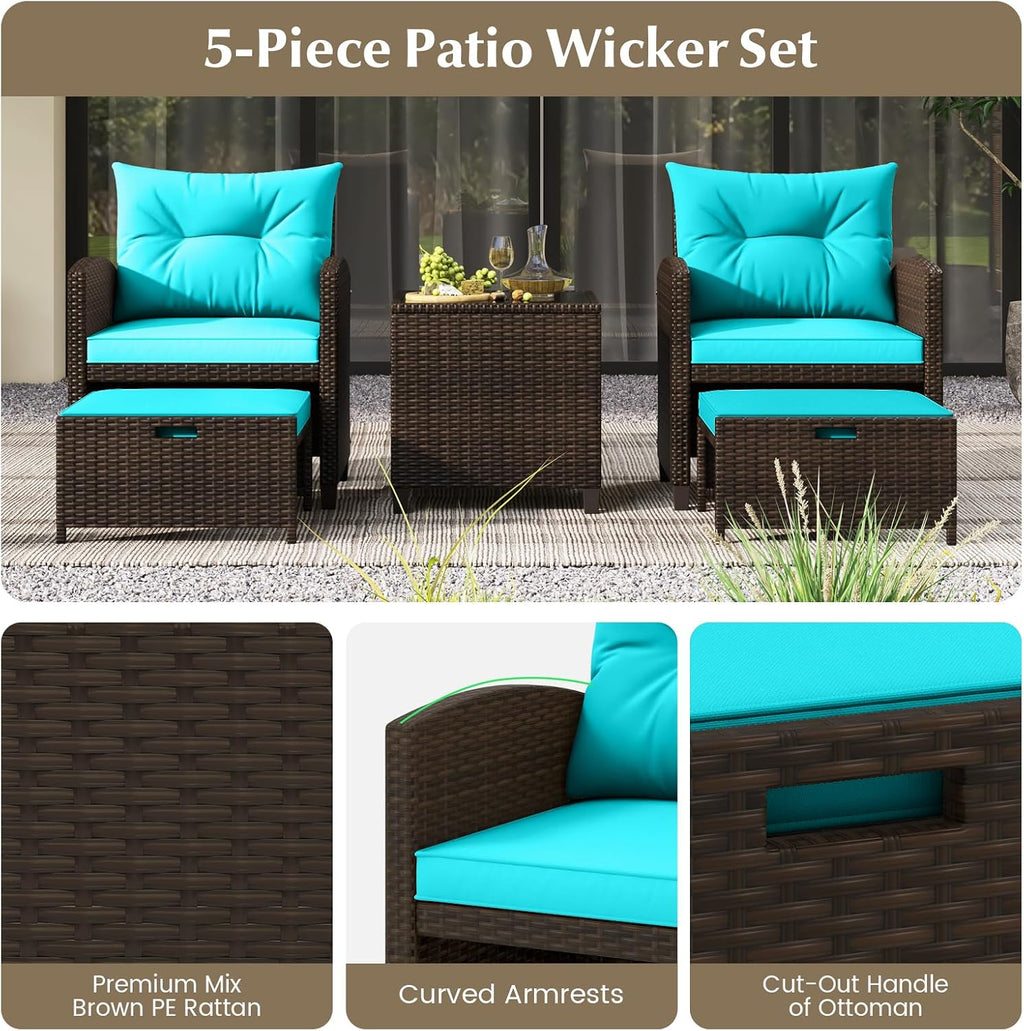 KOTEK 5 Pieces Patio Furniture Set with Ottomans, Wicker Patio Conversation Set with Coffee Table & Cushions, PE Rattan Outdoor Lounge Chairs for Backyard, Porch, Poolside (Mix Brown- Turquoise)