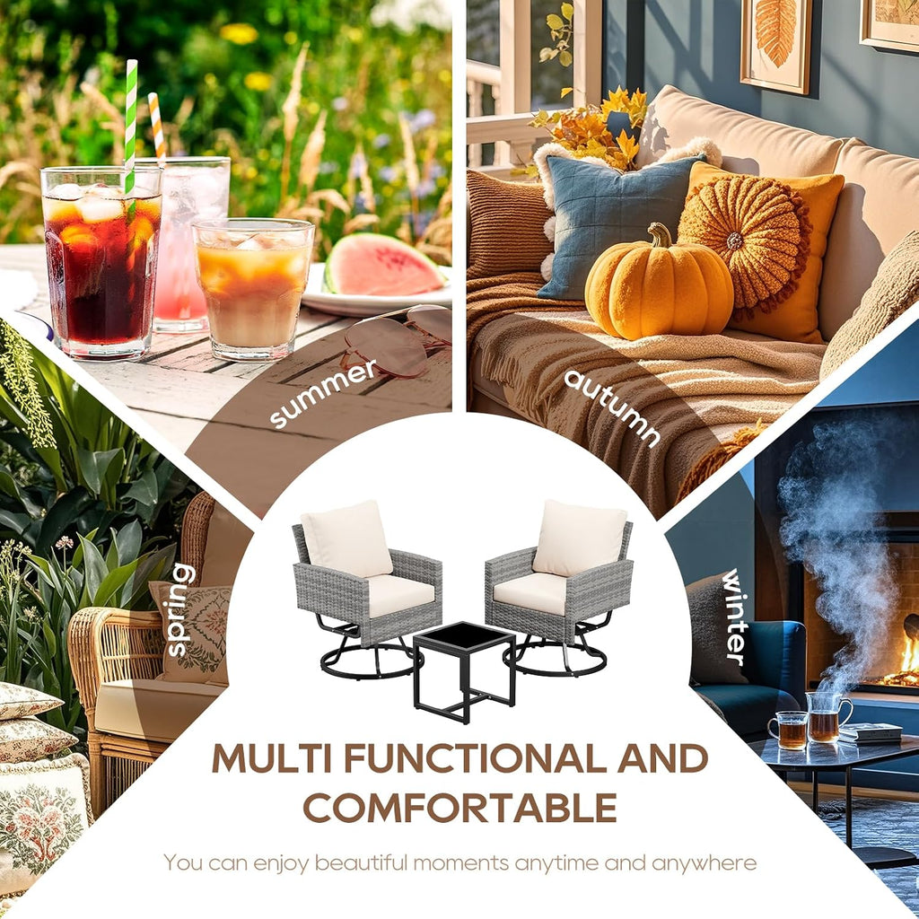 Outdoor Swivel Chair Set of 2, 3 Pcs Rattan Patio Furniture Set, Patio Bistro Set with Side Table for Porch Garden Lawn Balcony Backyard (Gray & Beige)