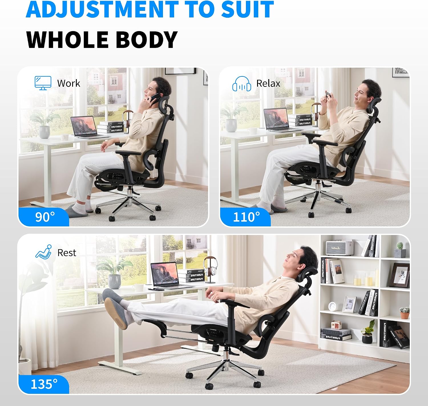 Mesh Ergonomic Office Chair with Footrest,High Back Mesh Gaming Chair with Lumbar Support,Adjustable Headrest and Armrests for Home Office Desk Chair (Modern, Black)