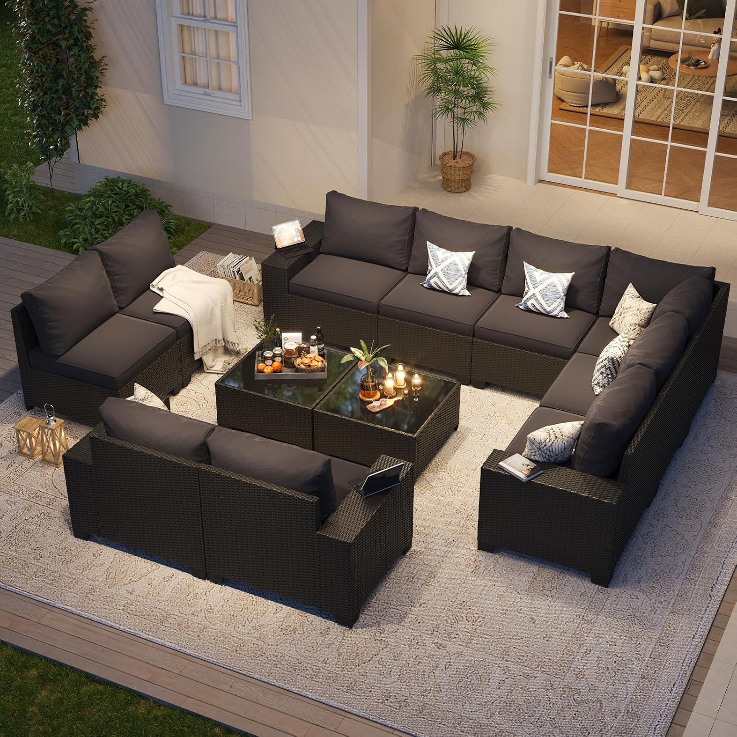 Aoxun Patio Furniture Set, 12 Pcs Outdoor Patio Furniture Sets with 4 in Thicken Cushion and Coffee Table, Widen Armrests Wicker Outdoor Sectional for Backyard & Garden, Black