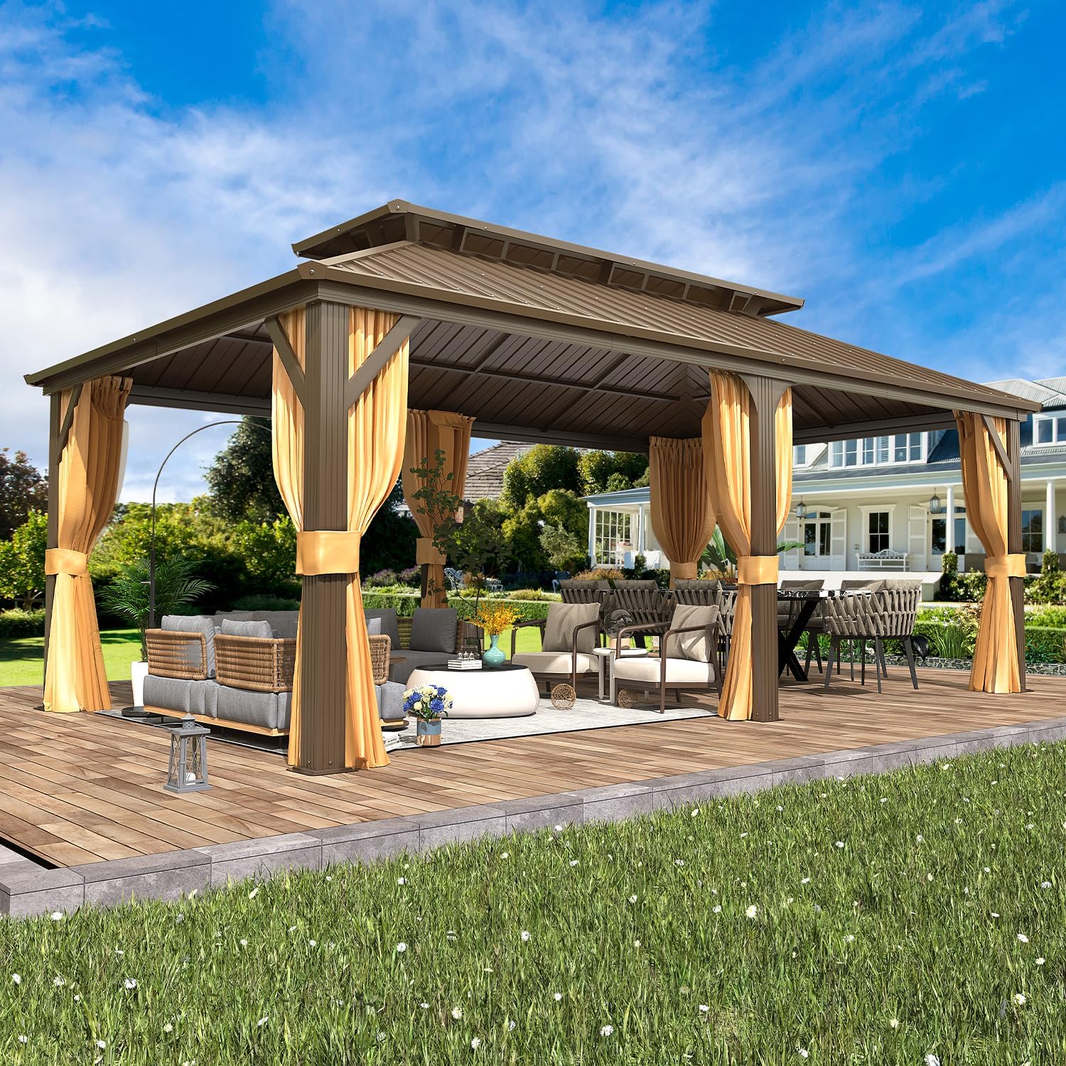 EROMMY 12' x 20' Hardtop Gazebo, Aluminum Frame Gazebos with Galvanized Steel Double Roof, Permanent Outdoor Metal Pavilion with Curtain and Netting for Patio, Lawn, Deck