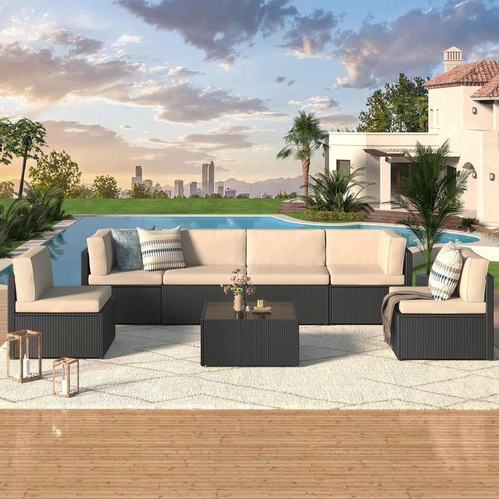 U-MAX 7 Piece Outdoor Patio Furniture Set, PE Rattan Patio Wicker Sectional Furniture Chair Set with Cushions and Tea Table, (Black Rattan&Beige Cushion with Cover)