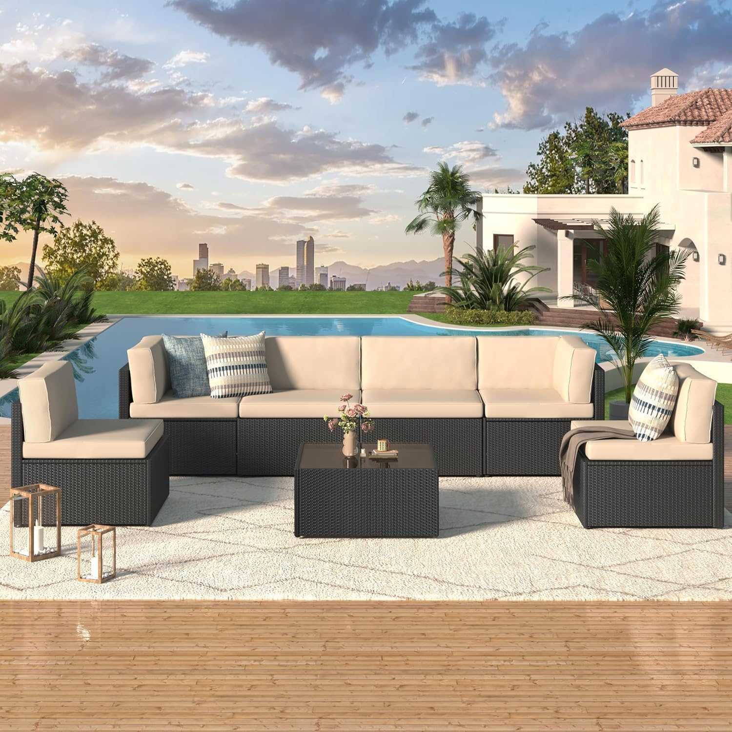 U-MAX 7 Piece Outdoor Patio Furniture Set, PE Rattan Patio Wicker Sectional Furniture Chair Set with Cushions and Tea Table, (Black Rattan&Beige Cushion with Cover)