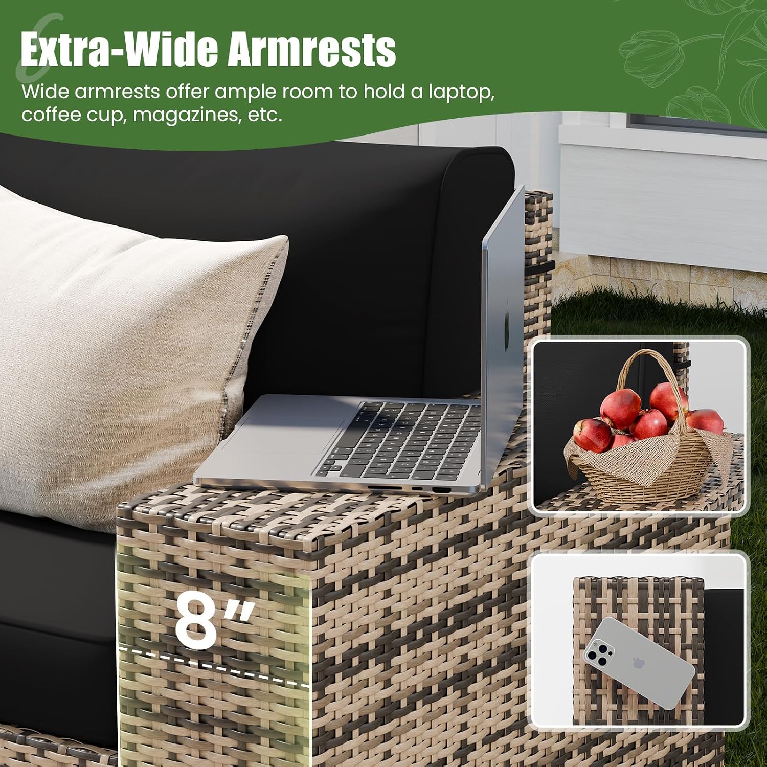 Amopatio 6 Piece Patio Furniture Set with 8' Armrest & 4' Thiken Cushion, Outdoor Wicker Rattan Sectional Sofa Conversation Set for Backyard, Garden, Poolside(Black Cushion)