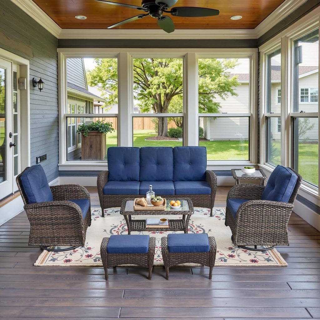 Belord Wicker Outdoor Furniture Set - 7 Piece Patio Conversation Sets with Comfort Swivel Rocker Glider Patio Chairs Set of 2 and Rattan Sofa,Tempered Glass Coffee Table and Side Table,Brown/Blue