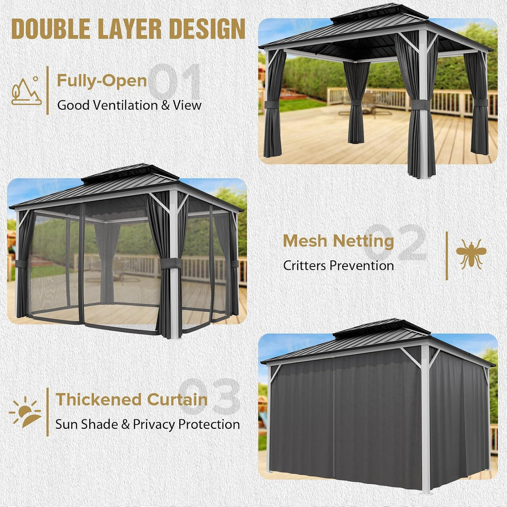 COOS BAY 12x10 Hardtop Gazebo with Aluminum Frame, Galvanized Steel Roof with UV Protection for Patio, Backyard, Garden, Outdoor Events, White/Gray
