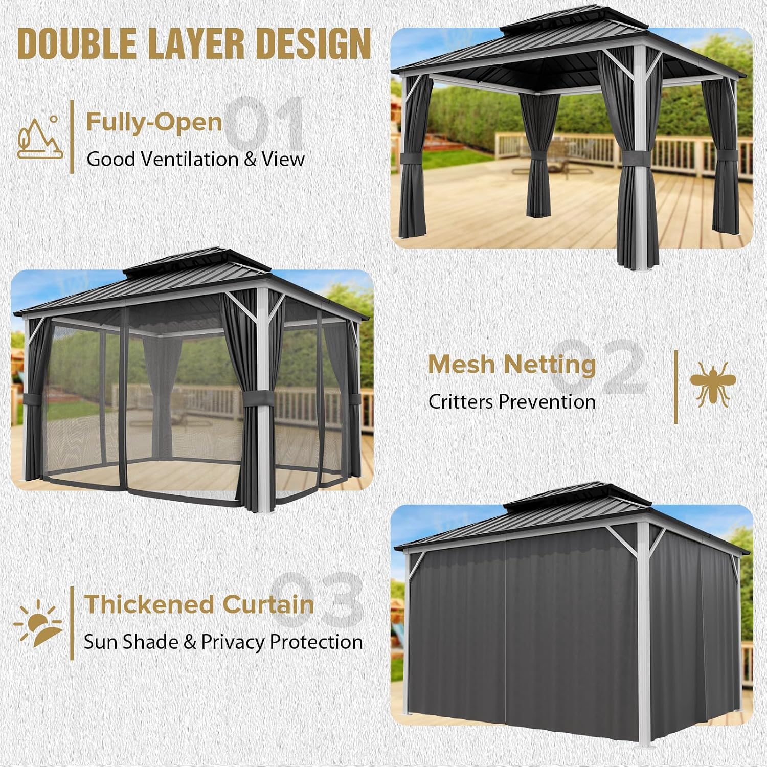 COOS BAY 12x10 Hardtop Gazebo with Aluminum Frame, Galvanized Steel Roof with UV Protection for Patio, Backyard, Garden, Outdoor Events, White/Gray