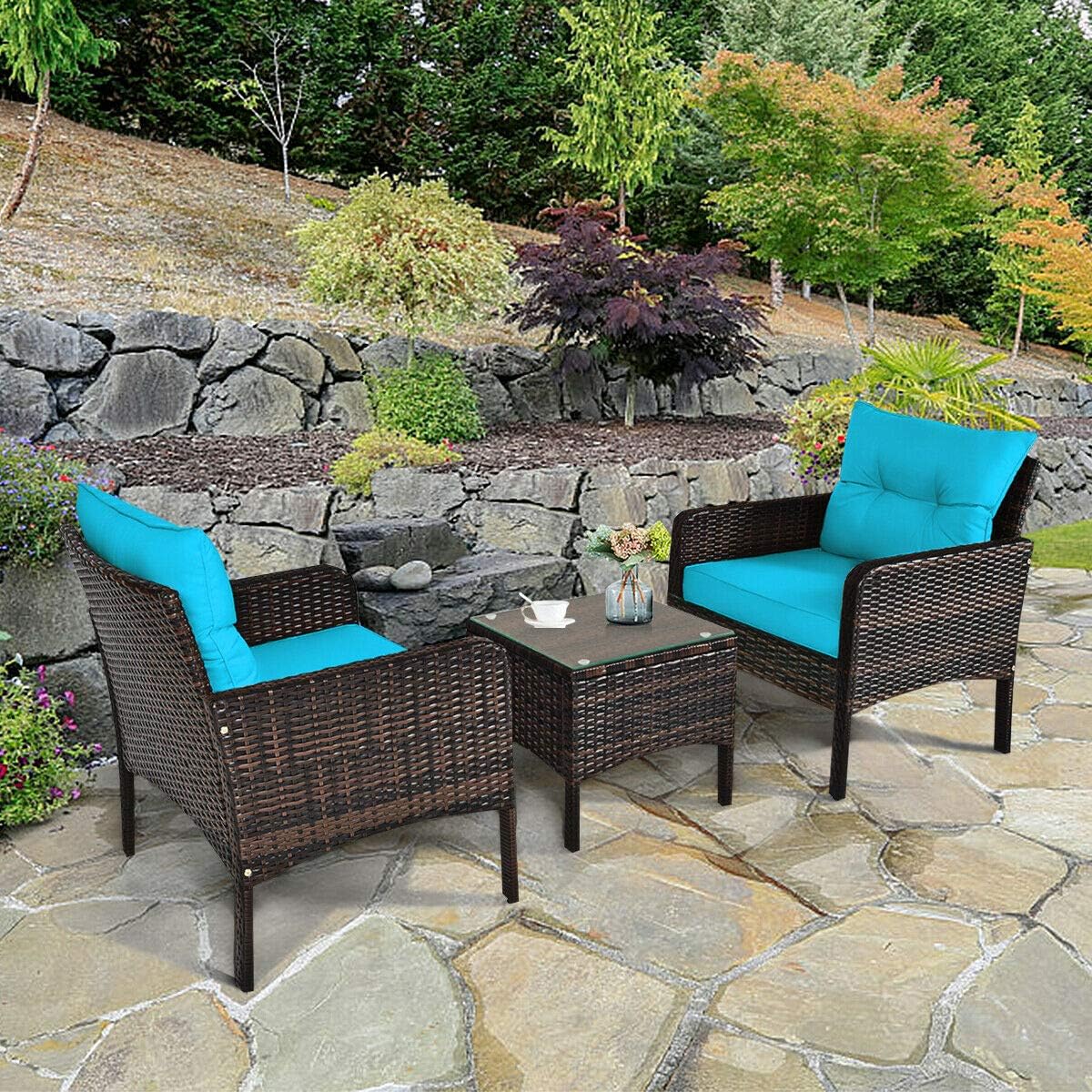 HAPPYGRILL 3 Piece Patio Furniture Set Outdoor Rattan Wicker Coffee Table & Chairs Set with Seat Cushions Patio Conversation Set for Garden Balcony Backyard Poolside