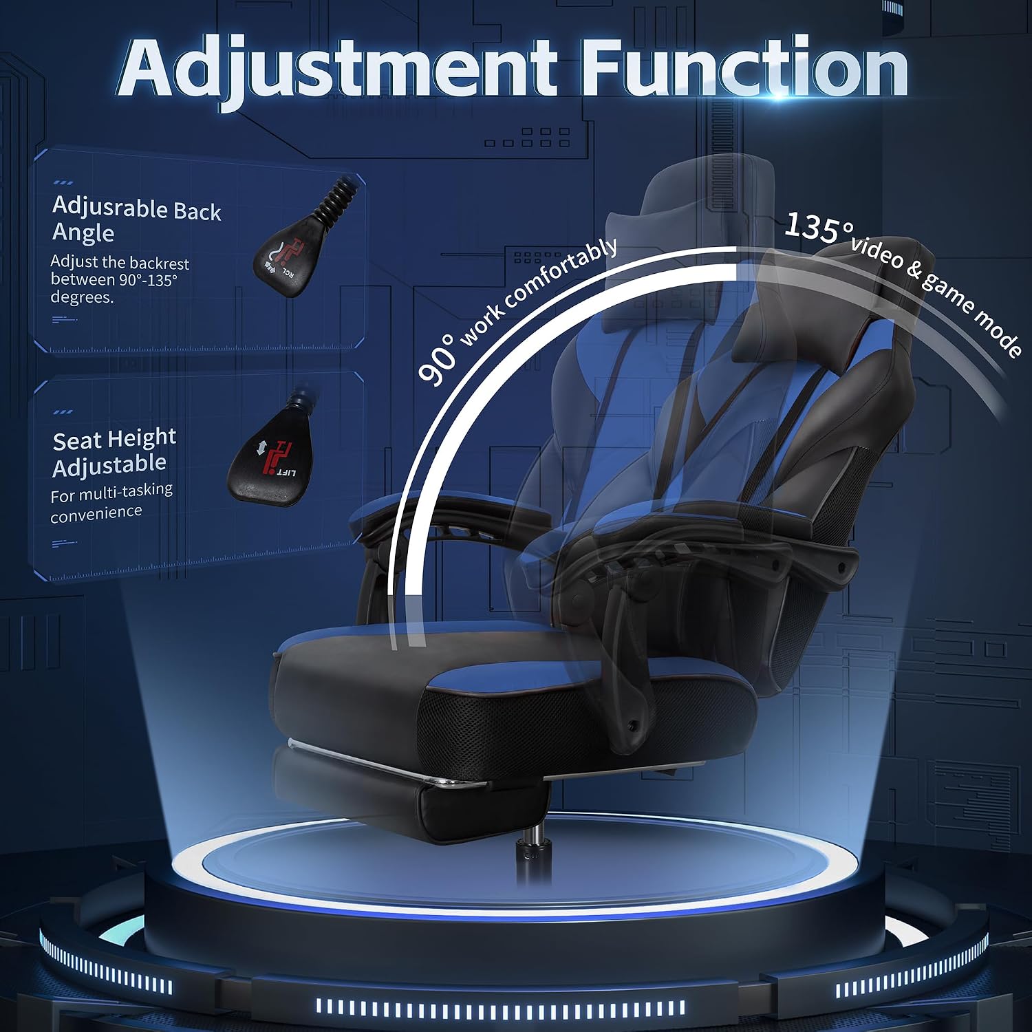 DL-win Gaming Chairs for Adults, Computer Chair with Footrest and Ergonomic High Back, Big and Tall Gamer Chairs with Massage Lumbar Support, 360° Swivel Height Adjustable Gaming Chair, Blue