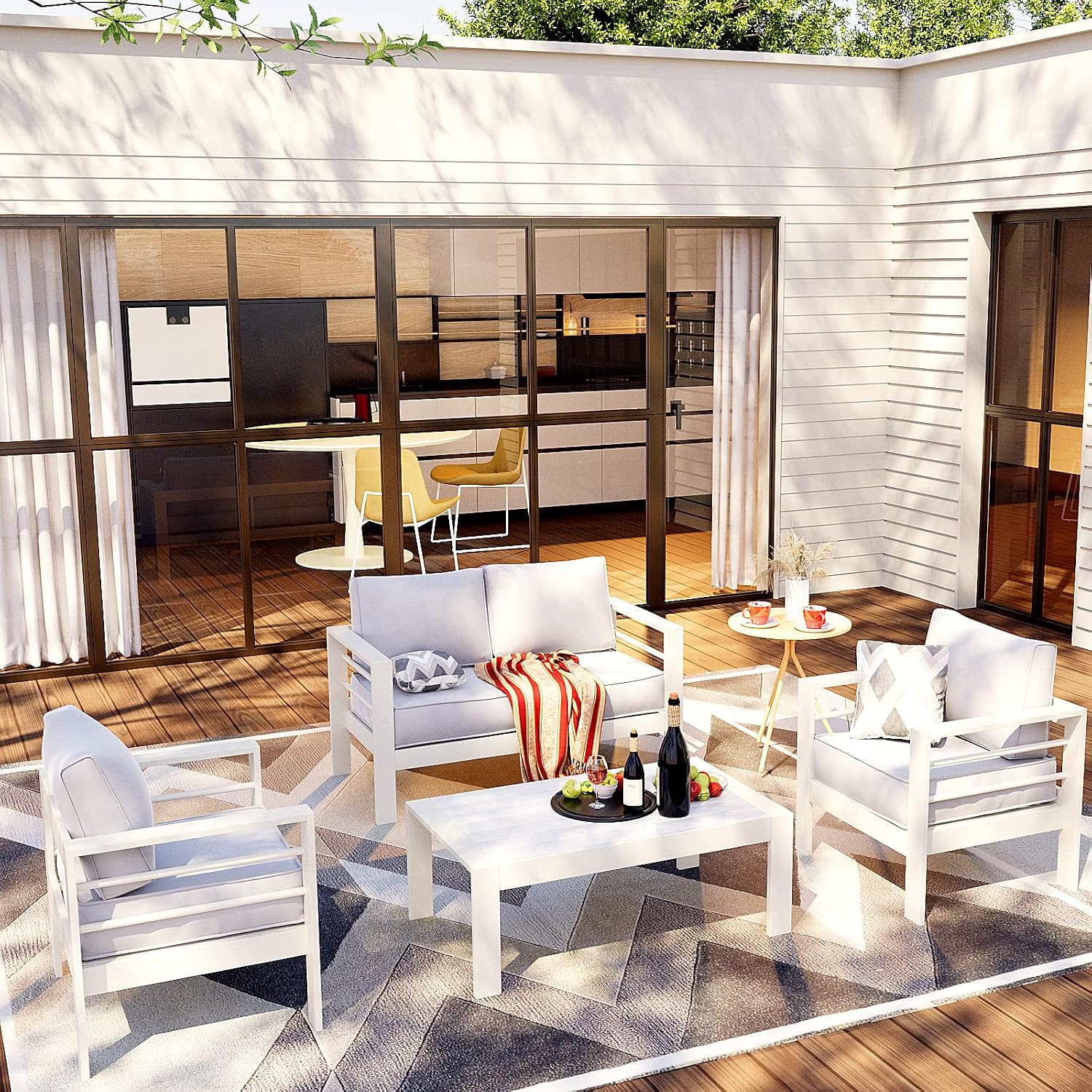 Amopatio Aluminum Patio Furniture, 5 Pcs Metal Modern Outdoor Patio Furniture Set, Outdoor Sectional Sofa for Balcony, Garden, White (Included Waterproof Covers)