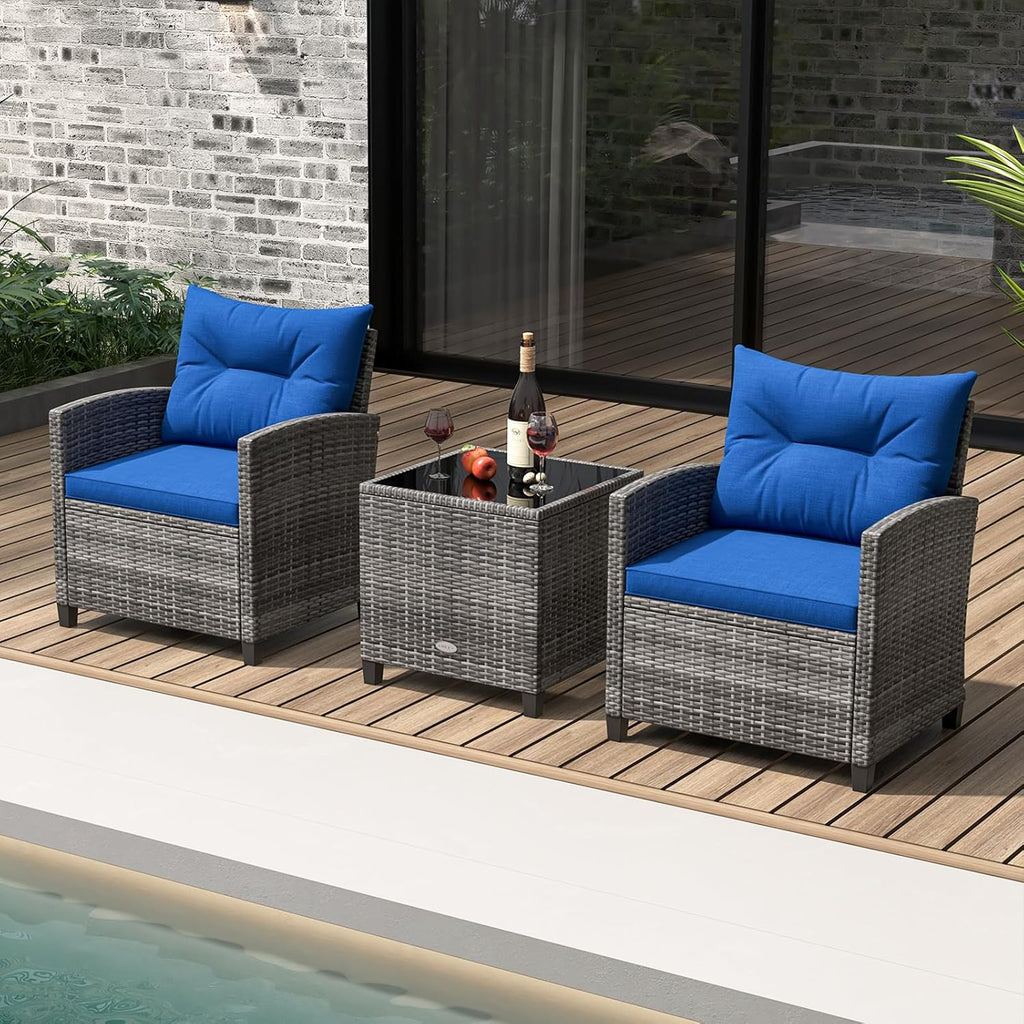 KOTEK 3 Piece Patio Furniture Set, Outdoor PE Rattan Conversation Set with Washable Cushions & Tempered Glass Tabletop, Wicker Chairs and Table Set for Porch, Garden, Balcony (Navy)