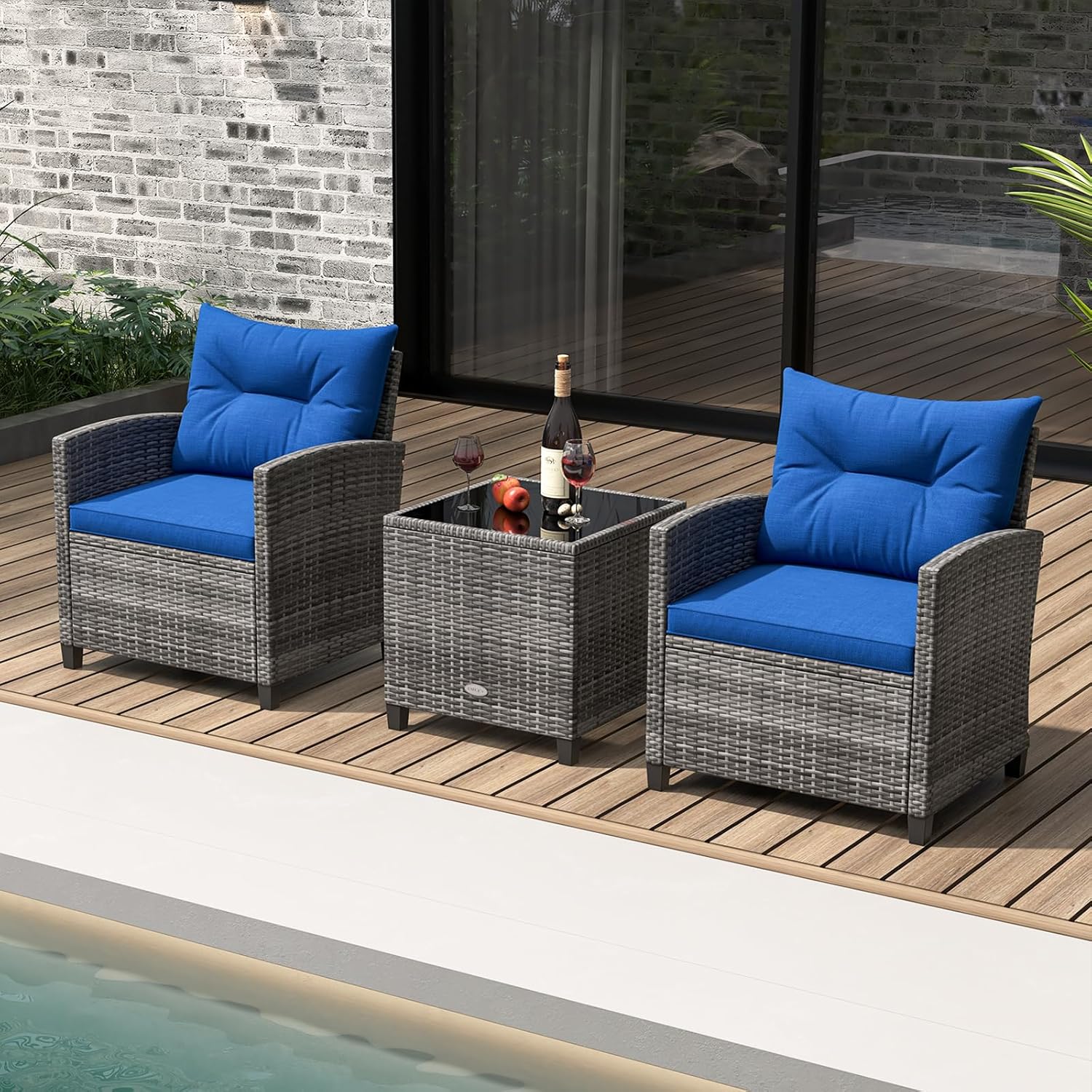 KOTEK 3 Piece Patio Furniture Set, Outdoor PE Rattan Conversation Set with Washable Cushions & Tempered Glass Tabletop, Wicker Chairs and Table Set for Porch, Garden, Balcony (Navy)
