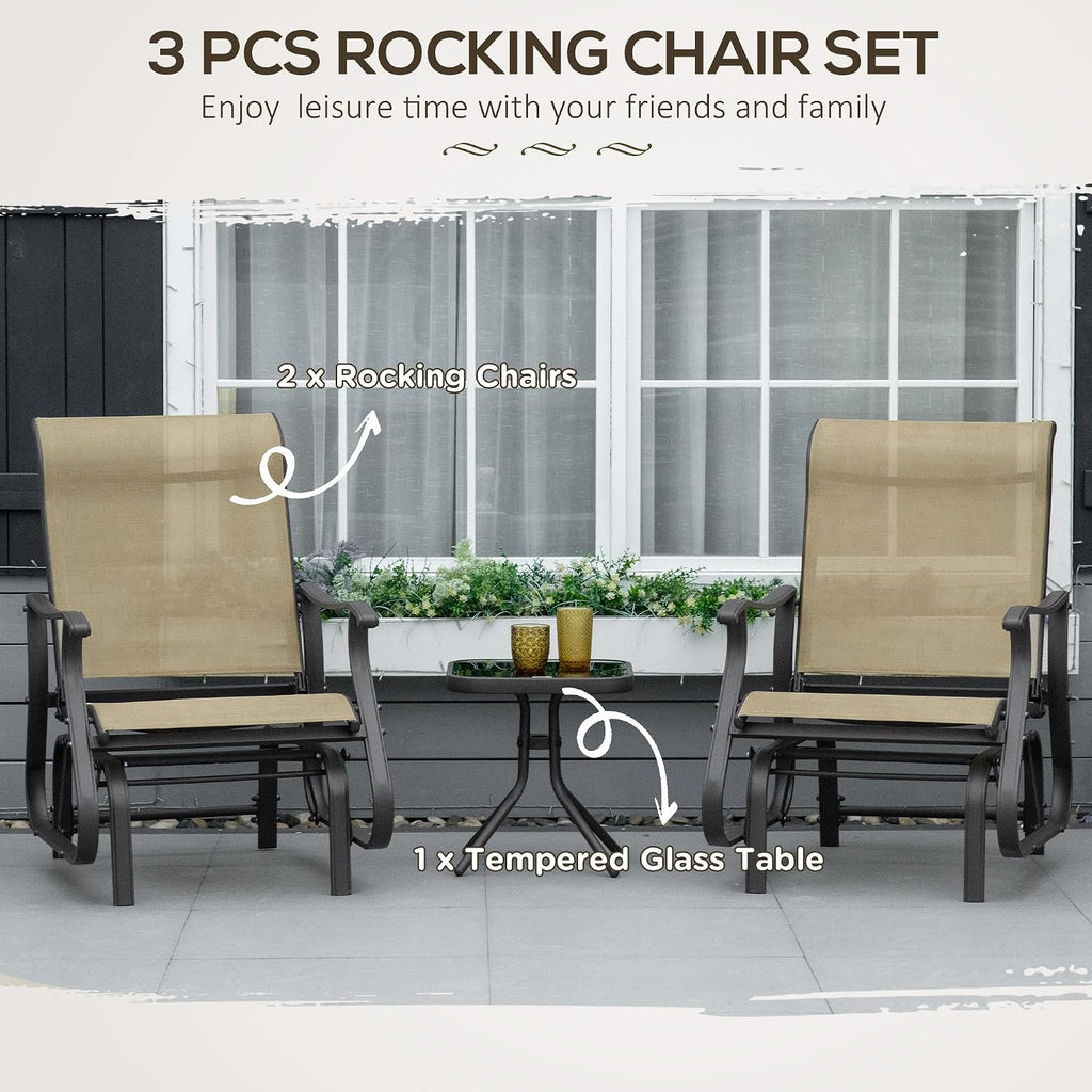 Outsunny 3-Piece Outdoor Gliders Set, Bistro Table and Chairs with Steel Frame, Tempered Glass Top Table for Patio, Garden, Backyard, Lawn, Gray