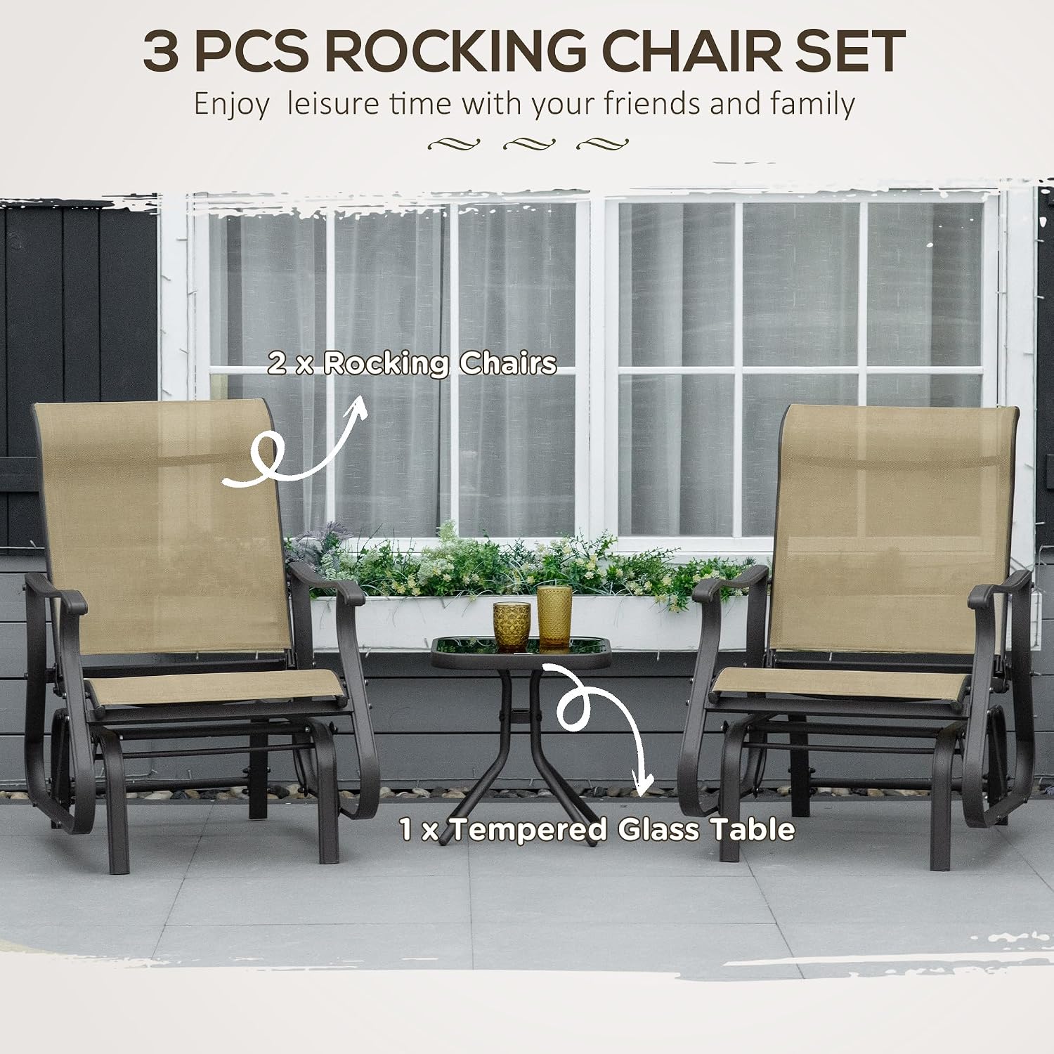 Outsunny 3-Piece Outdoor Gliders Set, Bistro Table and Chairs with Steel Frame, Tempered Glass Top Table for Patio, Garden, Backyard, Lawn, Gray