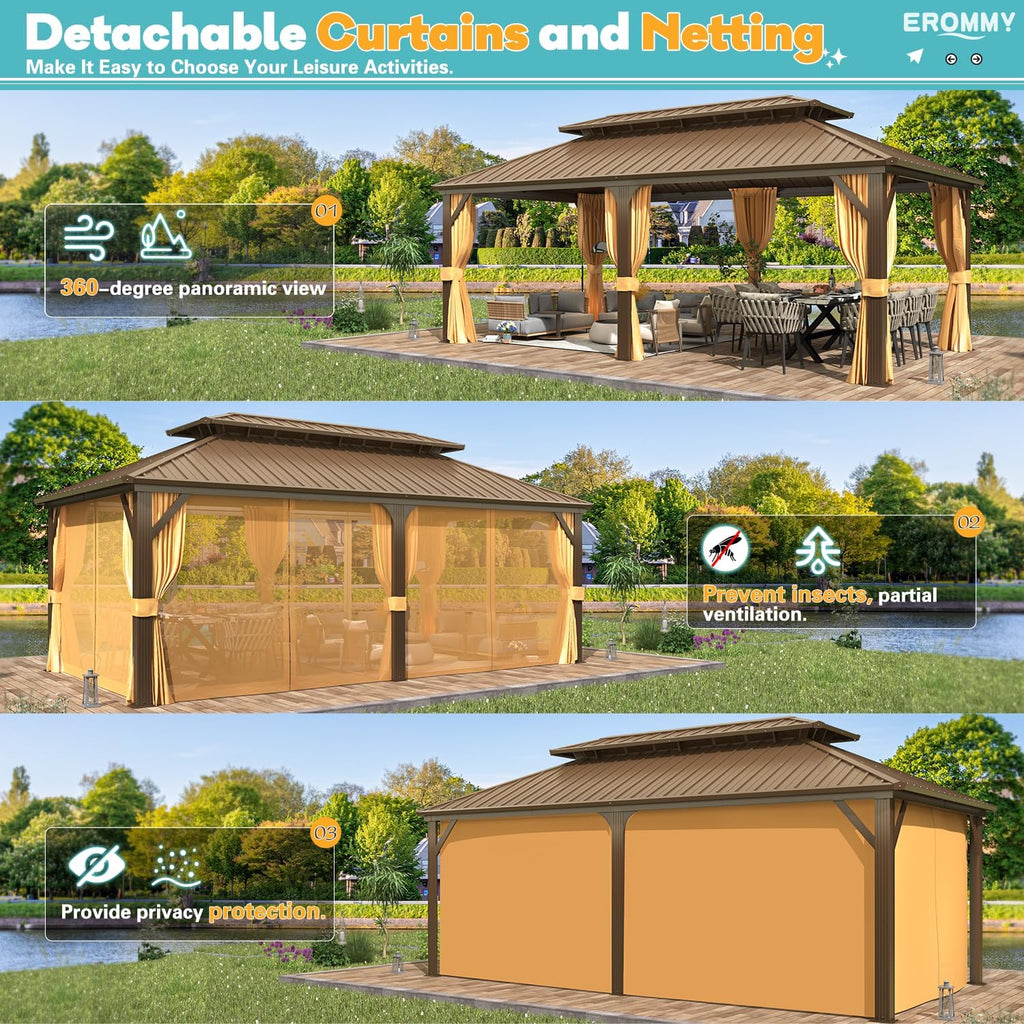 EROMMY 12' x 20' Hardtop Gazebo, Aluminum Frame Gazebos with Galvanized Steel Double Roof, Permanent Outdoor Metal Pavilion with Curtain and Netting for Patio, Lawn, Deck