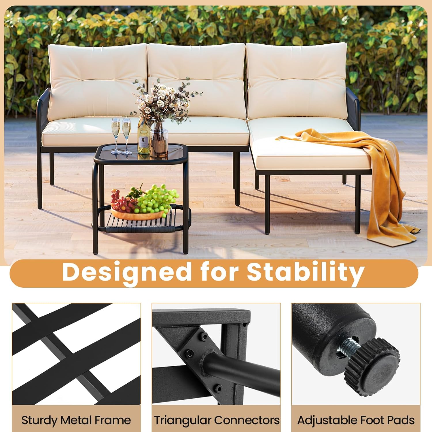 Tangkula 3-Piece L Shaped Patio Furniture Set, PE Rattan Sectional Sofas with Tempered Glass Table, Back and Seat Cushions, Outdoor Conversation Set for Porch, Backyard and Poolside