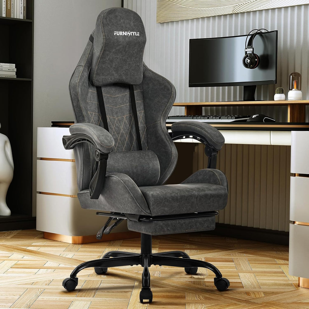 Gaming Chair Video Game Chairs with Large Headrest, Linkage Armrests, Retro PU Leather Ergonomic Computer Chair for Gaming or Office, Grey