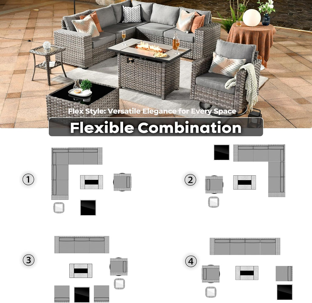 ovios 9 Pieces Patio Furniture Set, Outdoor Wicker Sectional Sofa with 42' Fire Pit Table Swivel Chair, Modern Modular Deep Seat Rattan Couch Conversation Sets, Dark Grey
