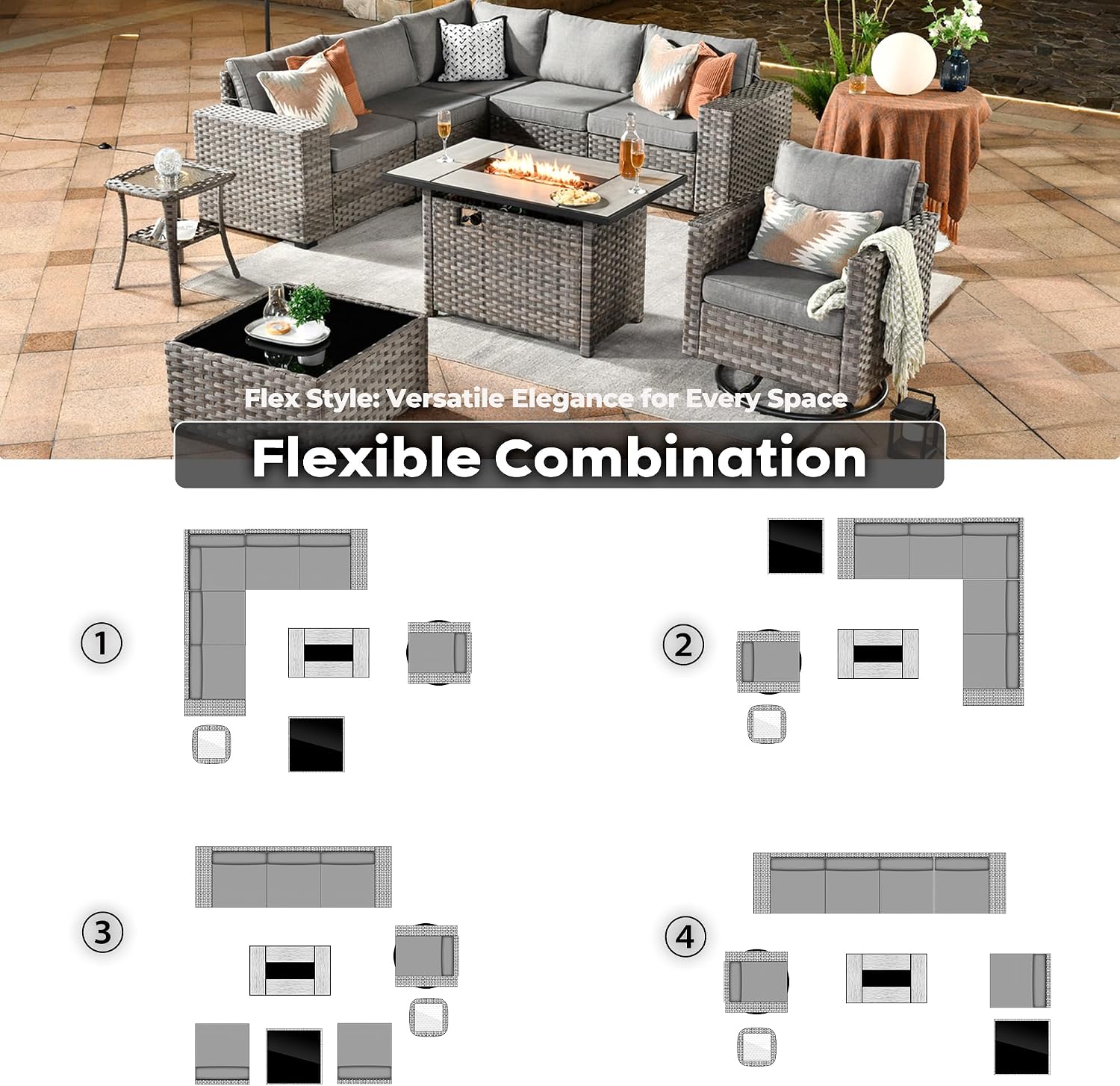ovios 9 Pieces Patio Furniture Set, Outdoor Wicker Sectional Sofa with 42' Fire Pit Table Swivel Chair, Modern Modular Deep Seat Rattan Couch Conversation Sets, Dark Grey
