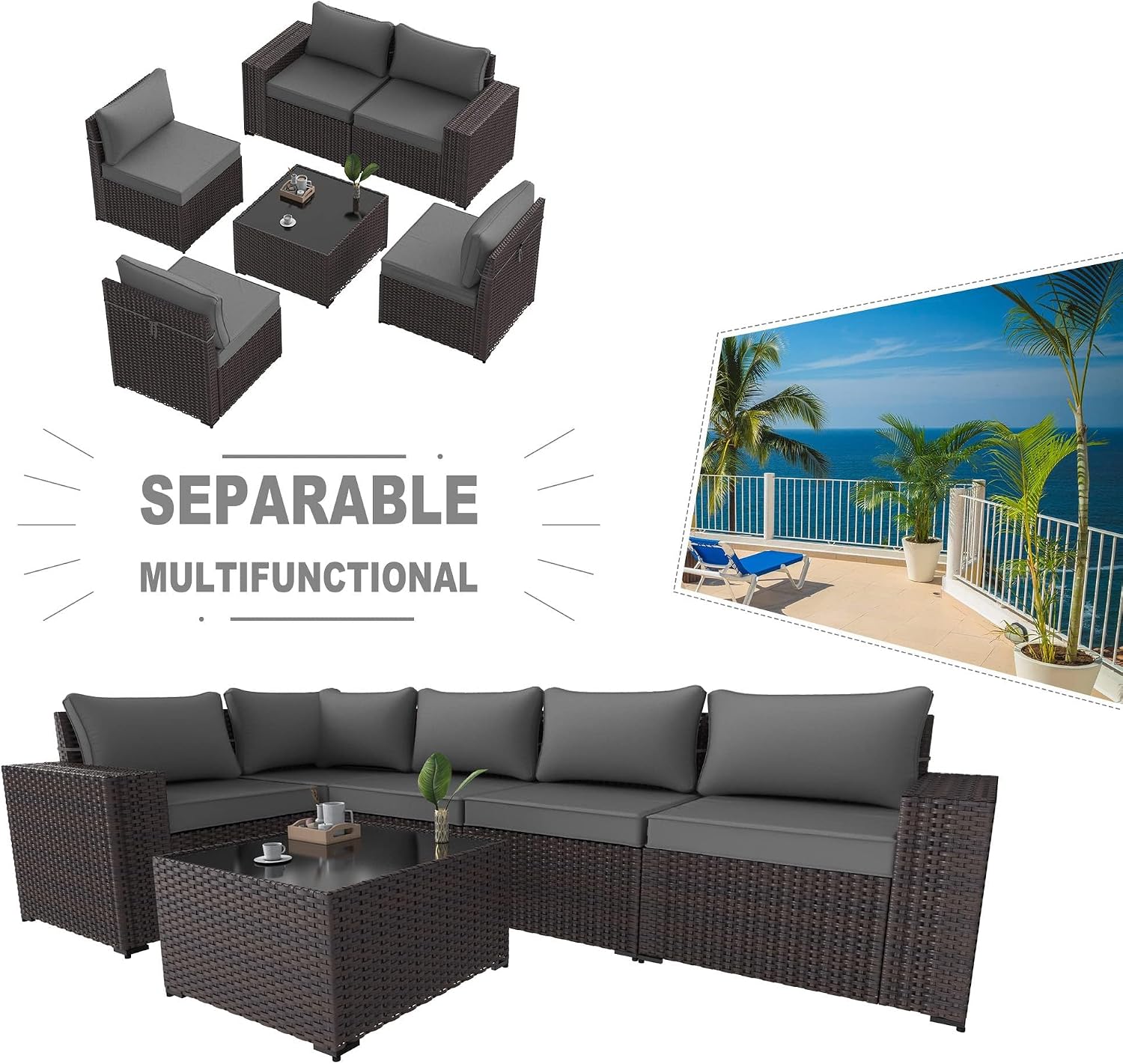 Kullavik 6PCS Outdoor Patio Furniture Set PE Wicker Rattan Sectional Sofa Patio Conversation Sets,Grey