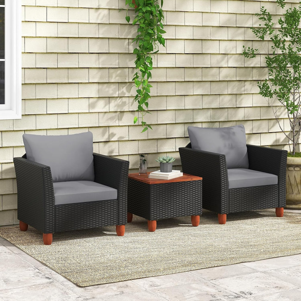ORALNER 3 Pieces Patio Furniture Set, Outdoor Wicker Conversation Chairs with Cushion, Acacia Coffee Table, Rattan Bistro Set for Balcony Garden Backyard Front Porch Poolside (Grey)