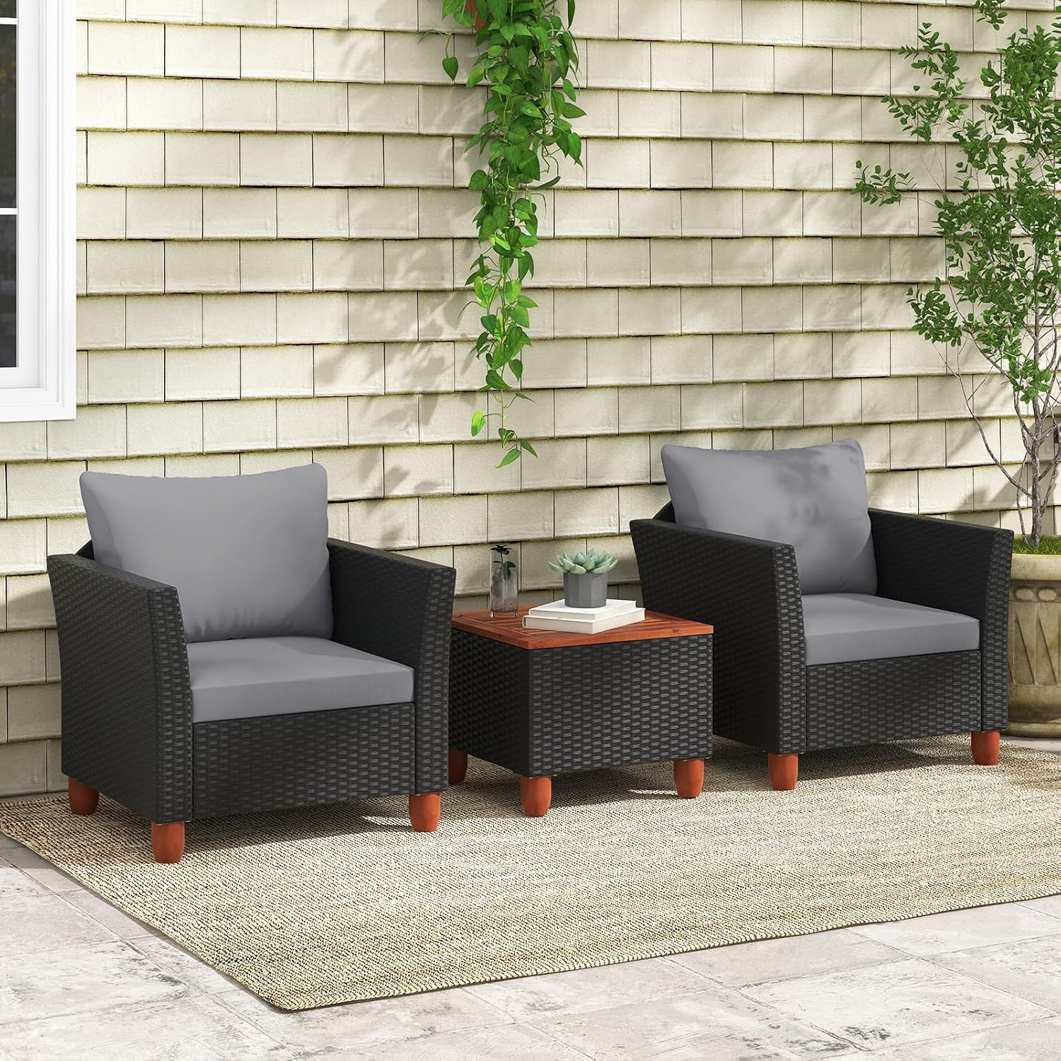 ORALNER 3 Pieces Patio Furniture Set, Outdoor Wicker Conversation Chairs with Cushion, Acacia Coffee Table, Rattan Bistro Set for Balcony Garden Backyard Front Porch Poolside (Grey)