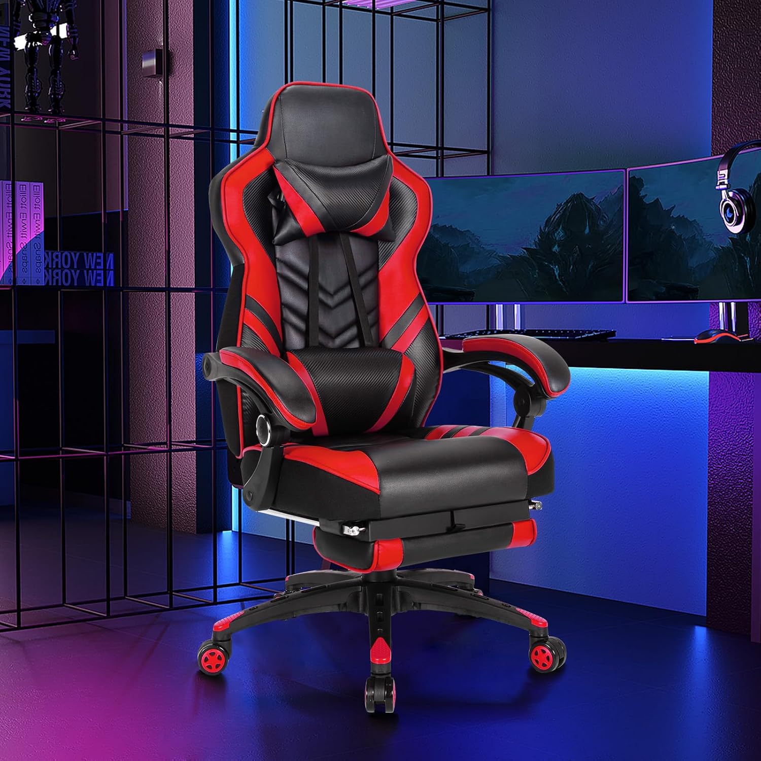 Goplus Gaming Chair, Computer Chair with Footrest and Lumbar Support, Height Adjustable Executive Swivel Rolling Task Chair with 90°-155° Tilt Function (Red)
