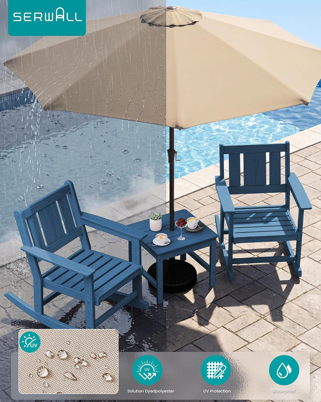 SERWALL Outdoor Rocking Chairs Set of 2 with 1 Side Table & 9ft Patio Umbrella, All-Weather HDPE 3 Piece Patio Furniture Set(Umbrella Base Not Included), Blue