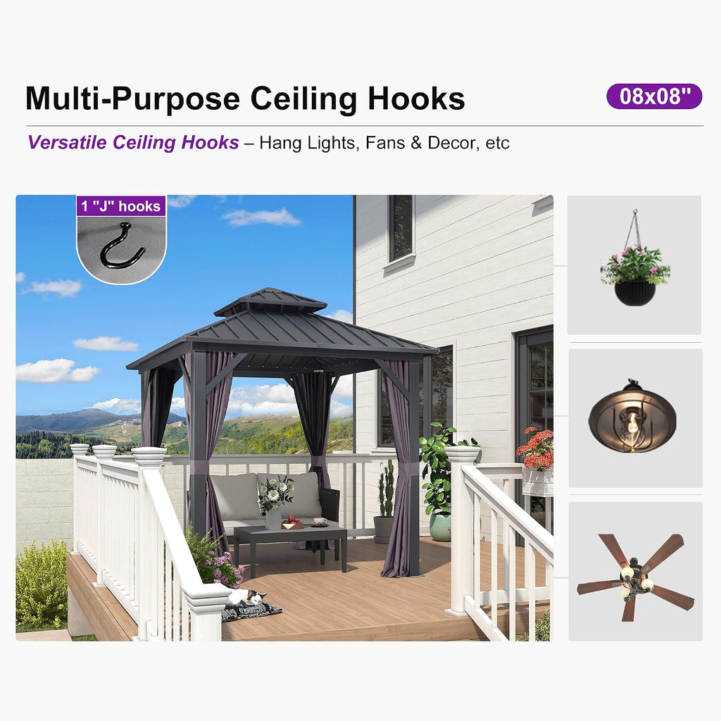 PURPLE LEAF 8' X 8' Outdoor Gazebo Aluminum Permanent Hardtop Gazebo with Galvanized Steel Double Roof for Patio Backyard Deck with Netting and Curtains Grey