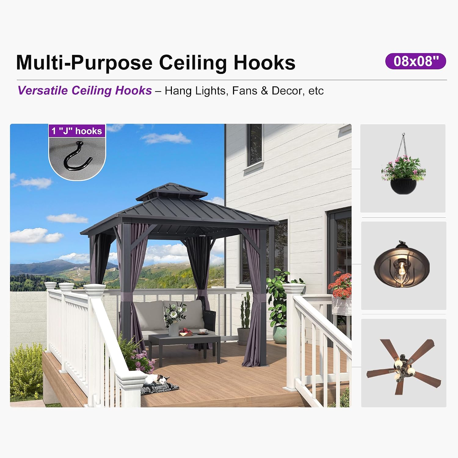 PURPLE LEAF 8' X 8' Outdoor Gazebo Aluminum Permanent Hardtop Gazebo with Galvanized Steel Double Roof for Patio Backyard Deck with Netting and Curtains Grey