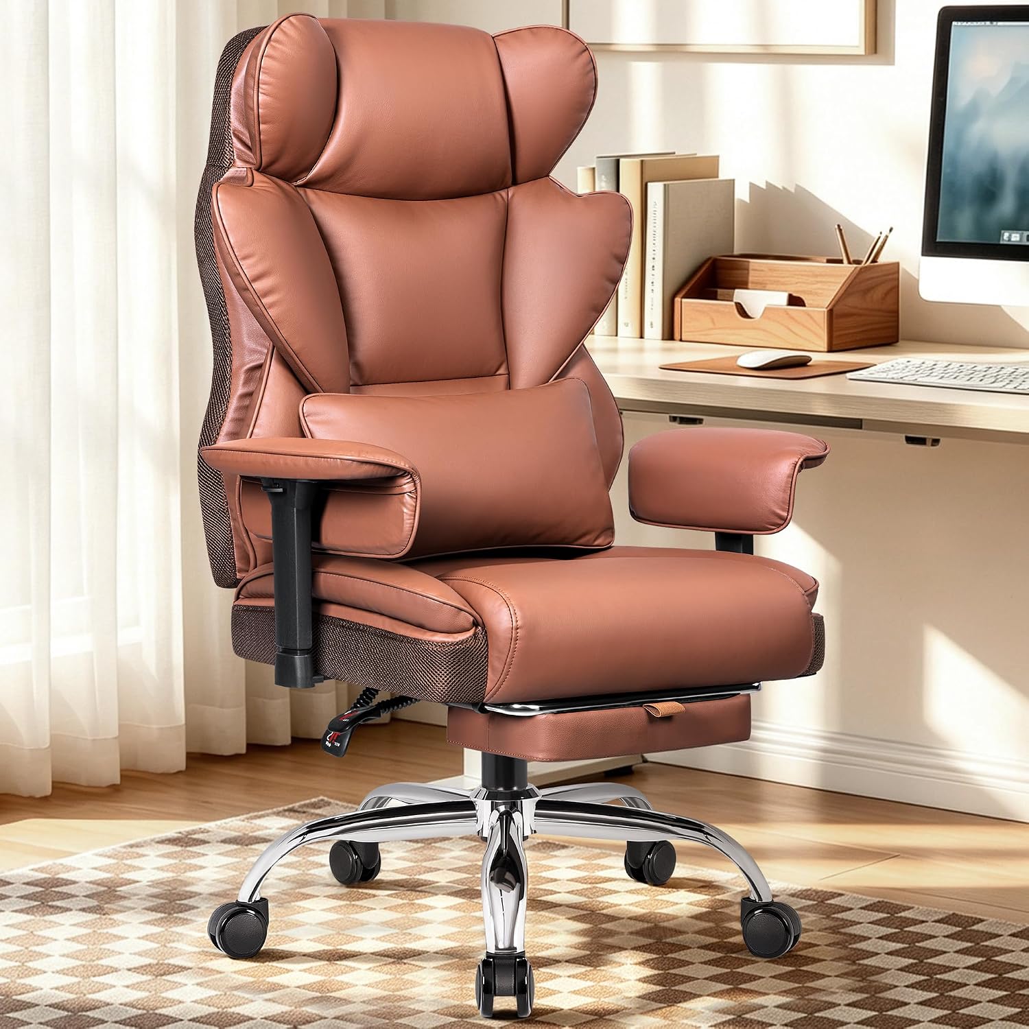 BESTFAIR Big and Tall Office Chair - 400 LBS Capacity Executive Chair with High Back & Footrest, Ergonomic Computer Gaming Chair for Heavy People, Wide Padded Seat, Brown PU Leather