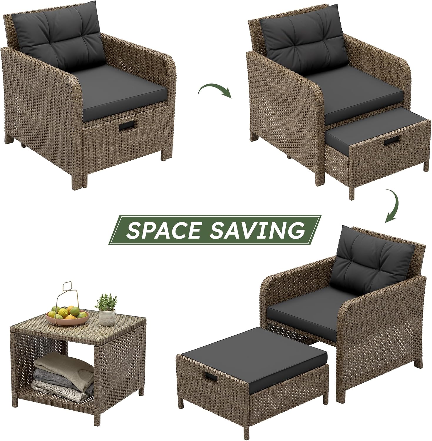 Balcony Furniture 5 Pieces Patio Set, Hand-Woven Rattan Patio Conversation Set with Soft Cushions & Coffee Table, Outdoor Chairs with Hidden Ottoman for Porch, Lawn, Garden, Balcony, Black