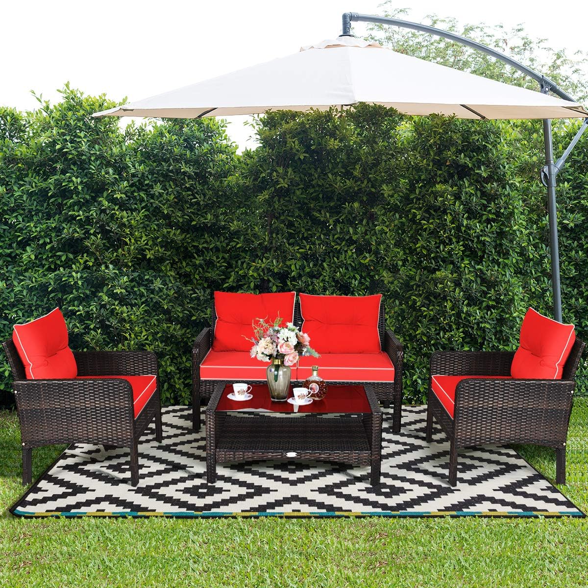 COSTWAY 4-Piece Patio Furniture Set, Sectional Wicker Rattan Sofa Chair with Cushion, Loveseat, Coffee Table with Tempered Glass and Shelf, Outdoor Conversation Sets for Poolside Porch (Red)