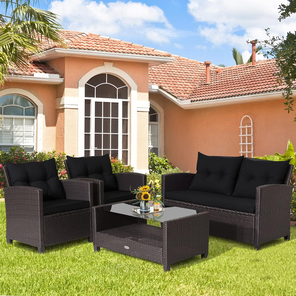 Tangkula 4-Piece Patio Furniture Set, Rattan Wicker Chair Set with 1 Loveseat, 2 Single Sofas, 1 Coffee Table with Tempered Glass Top, Outdoor Furniture Sets for Backyard, Porch, Garden and Poolside