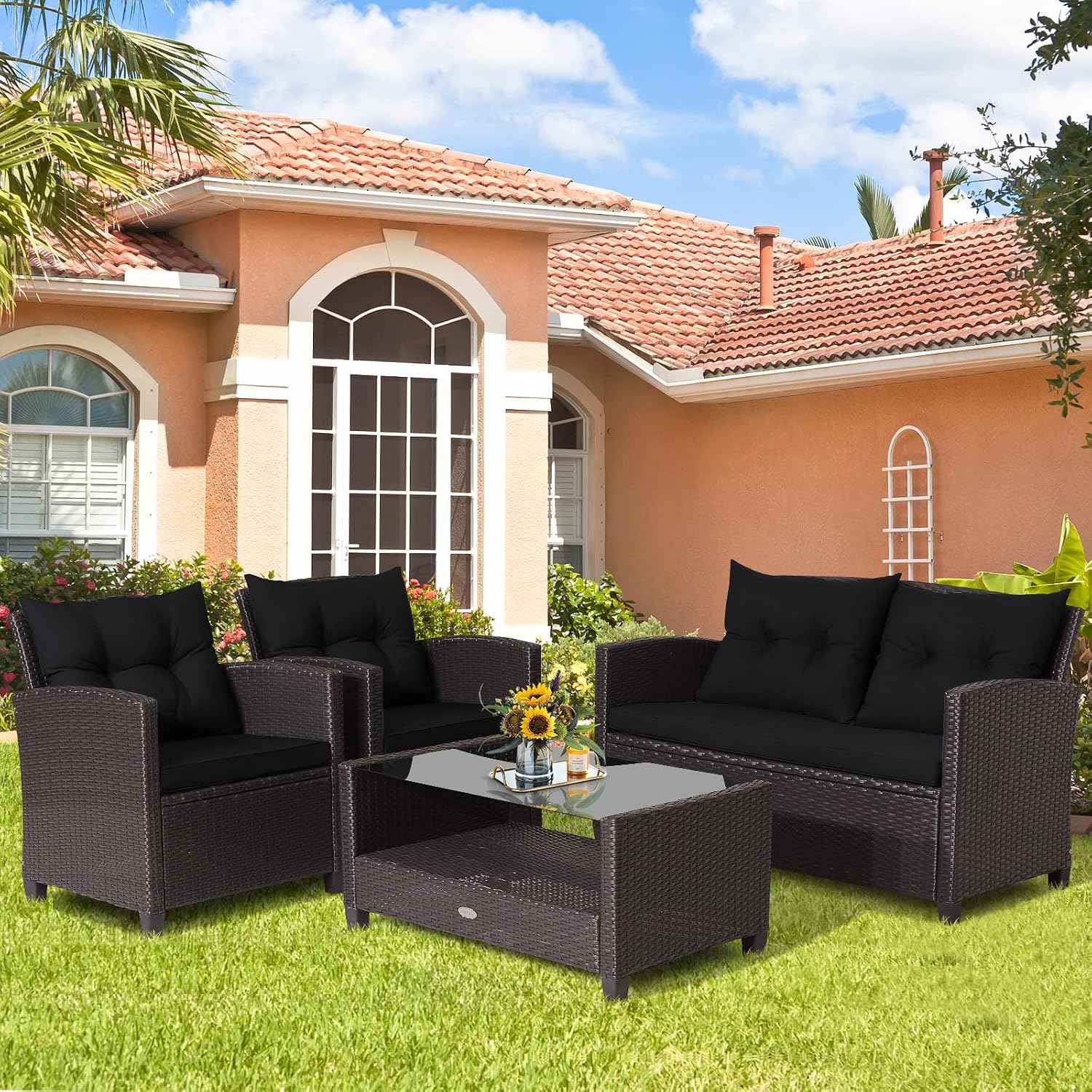 COSTWAY 4 Piece Patio Furniture Set, Outdoor Wicker Rattan Chairs and Loveseat with Cushions, Tempered Glass Coffee Table with Storage Shelf, Conversation Sofa Set for Poolside Backyard (Black)