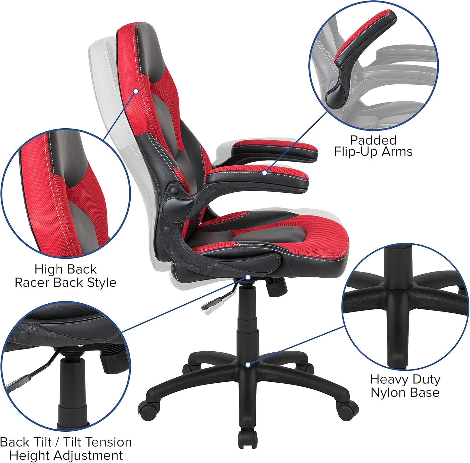 Flash Furniture X10 High-Back LeatherSoft Racing Style Gaming Chair with Flip-Up Arms, Ergonomic Padded Swivel Computer Chair, Red/Black