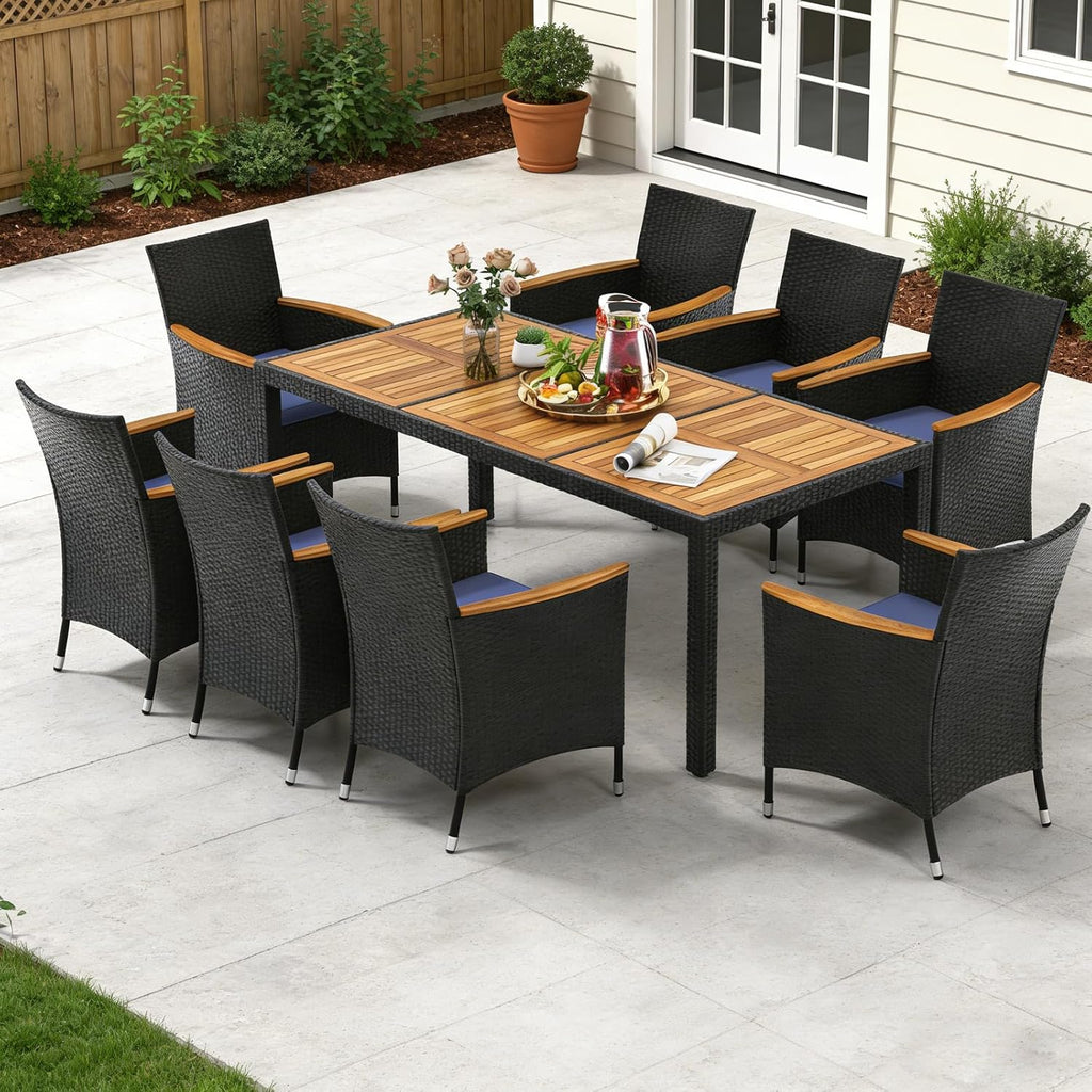 COSTWAY 9-Piece Patio Dining Set for 8, Outdoor Rattan Wicker Table and Chairs Furniture Set with Umbrella Hole, Acacia Wood Tabletop for Backyard, Balcony, Poolside, Black & Navy
