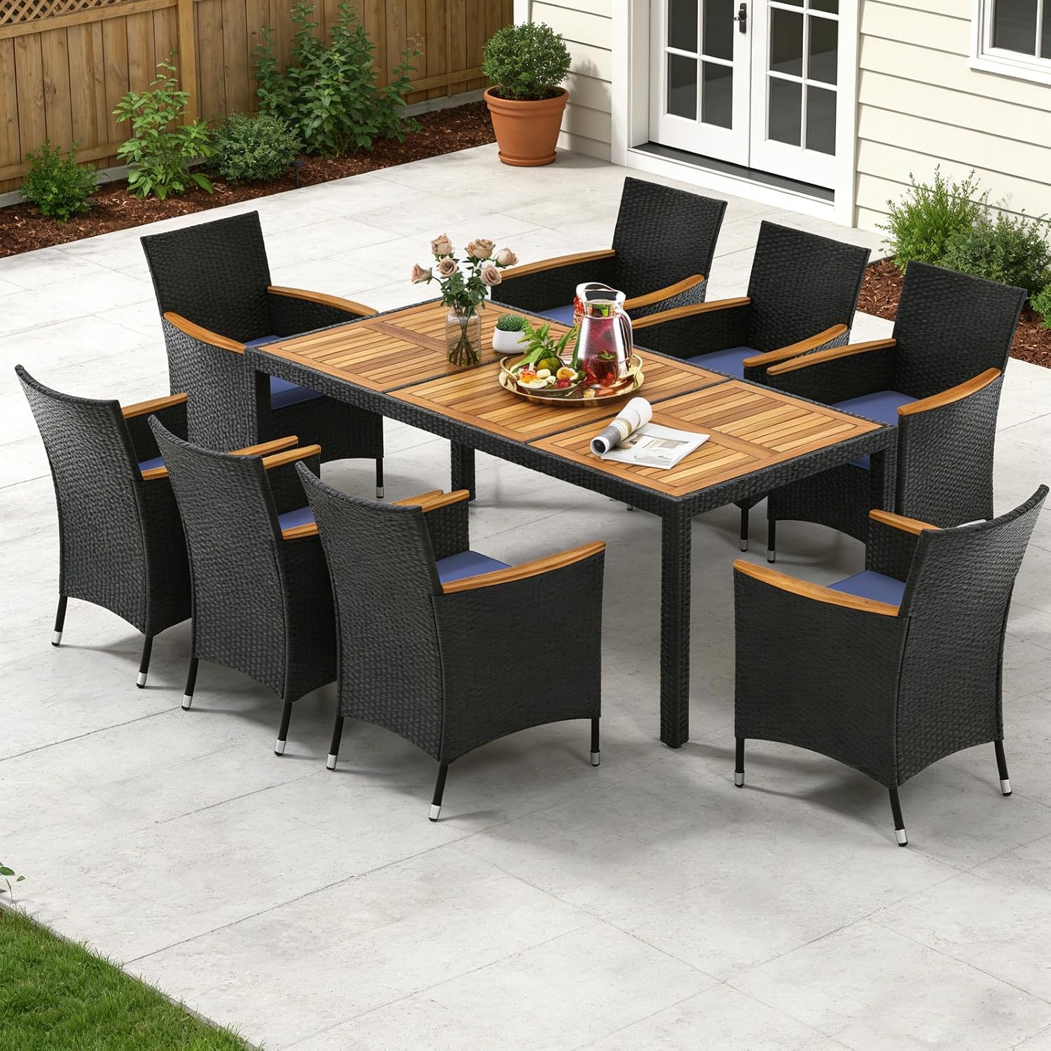 COSTWAY 9-Piece Patio Dining Set for 8, Outdoor Rattan Wicker Table and Chairs Furniture Set with Umbrella Hole, Acacia Wood Tabletop for Backyard, Balcony, Poolside, Black & Navy