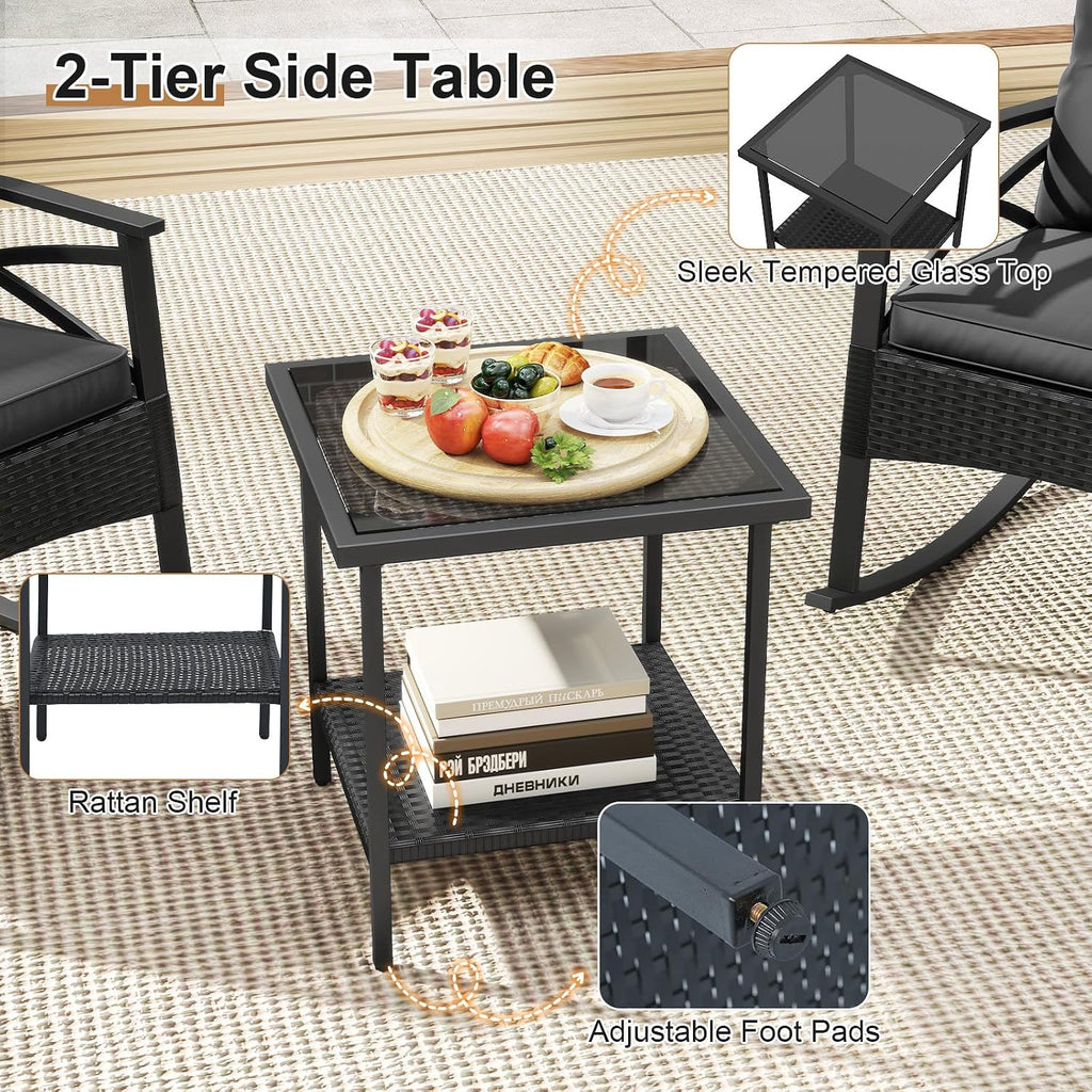 Tangkula 3 Pieces Outdoor Rocking Chairs Set, Rattan Heavy Duty Cushioned Rocker Chairs with 2-Tier Tempered Glass Coffee Table, for Garden, Balcony, Backyard (Black+Gray)