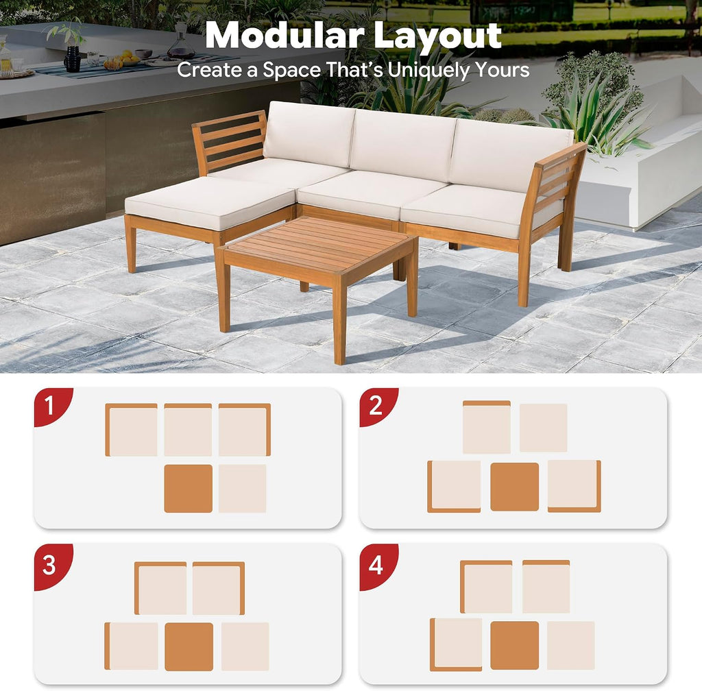 Werph 5-Piece Acacia Wood Patio Sectional Set, L-Shaped Outdoor Sofa Garden Couch with Coffee Table & Removable Cushions for Backyard, Deck, Beige