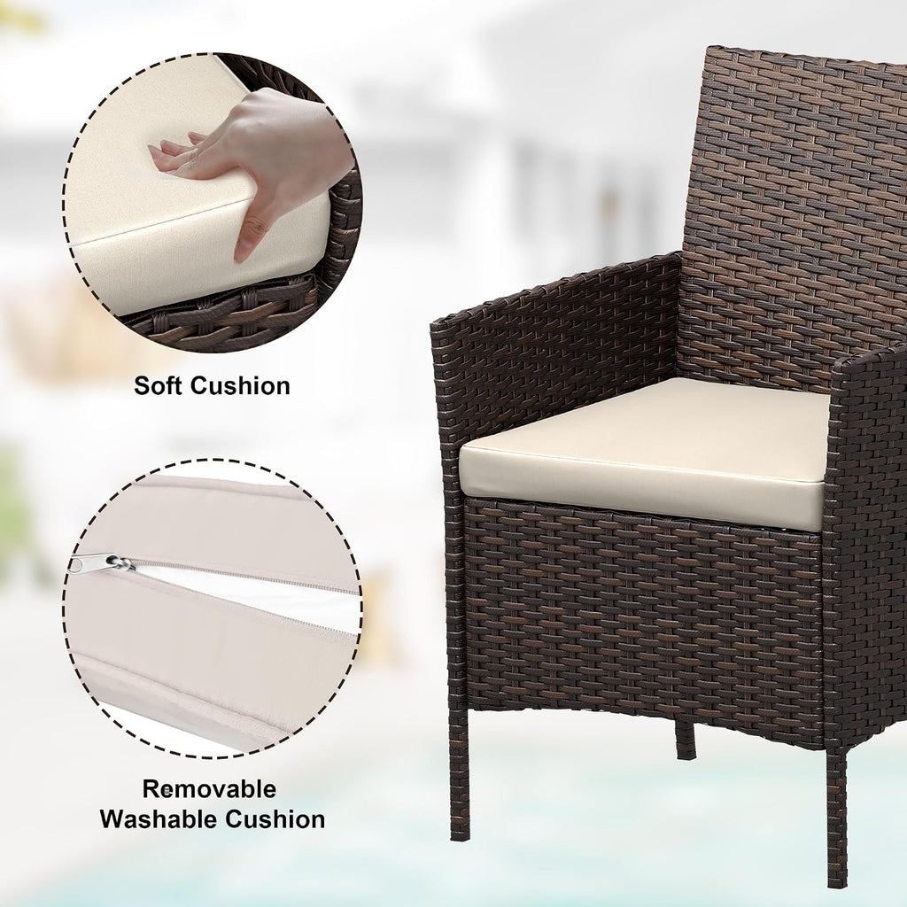 3 Piece Patio Furniture Set, Outdoor Patio Wicker Sofa Set with Upholstery and Glass Table, All Weather Conversation Rattan Sofa for Lawn, Pool, Backyard, Garden, Porch, Brown