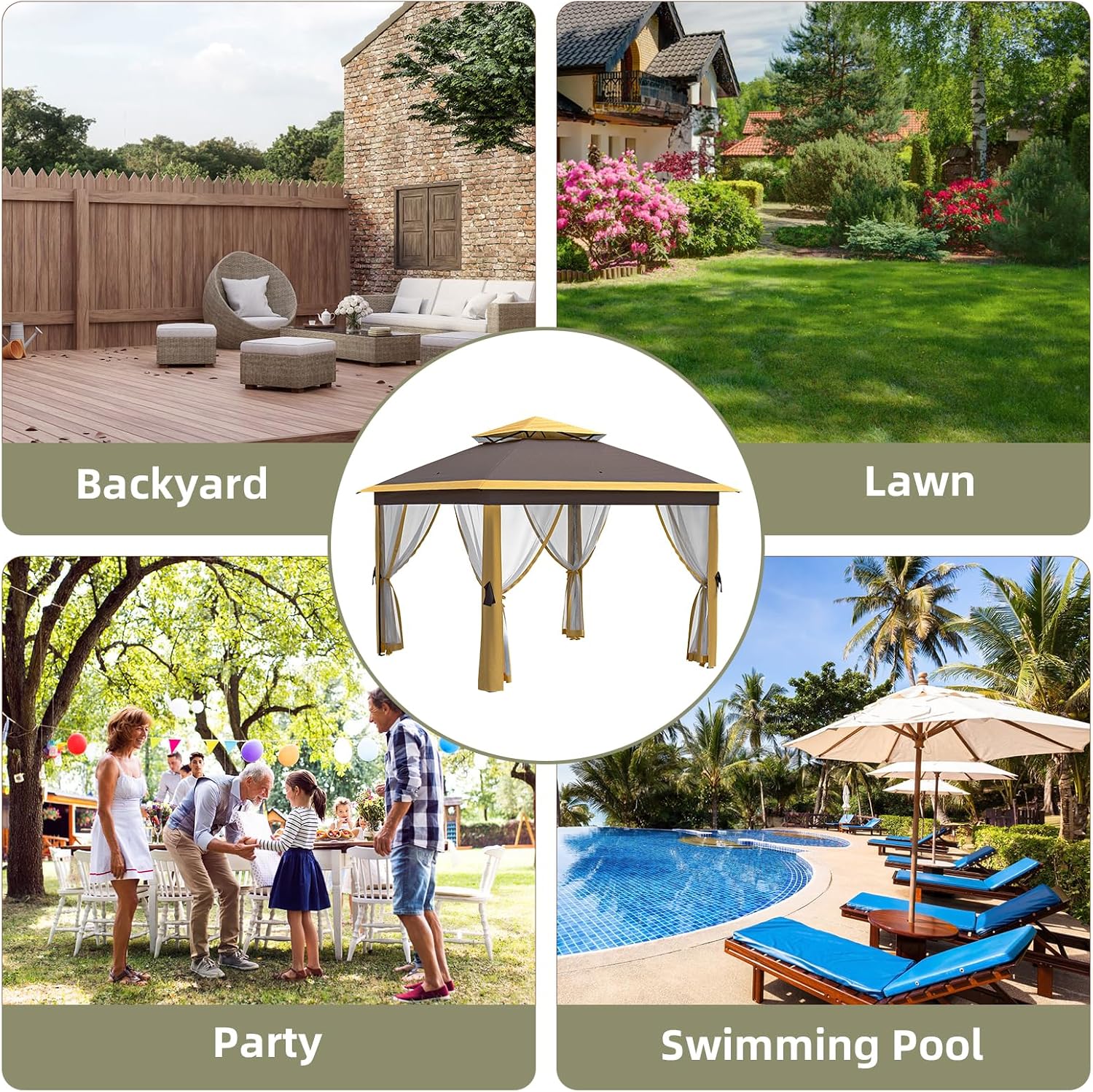 11x11 FT Outdoor Gazebo, Heavy Duty Pavilion With Sturdy Metal Frame & Double Roofs, Patio Shelter With Mosquito Netting, Ideal for Backyard, Garden, Lawn, Deck, Khaki/Brown