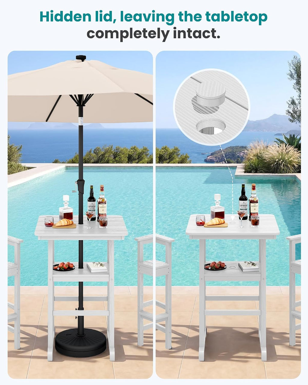 SERWALL Balcony Adirondack Chairs and Table 3 Pieces Set, Oversize Adirondack Bar Height Chairs Set of 2 and Bar Table, Outdoor Bar Stools Set, White