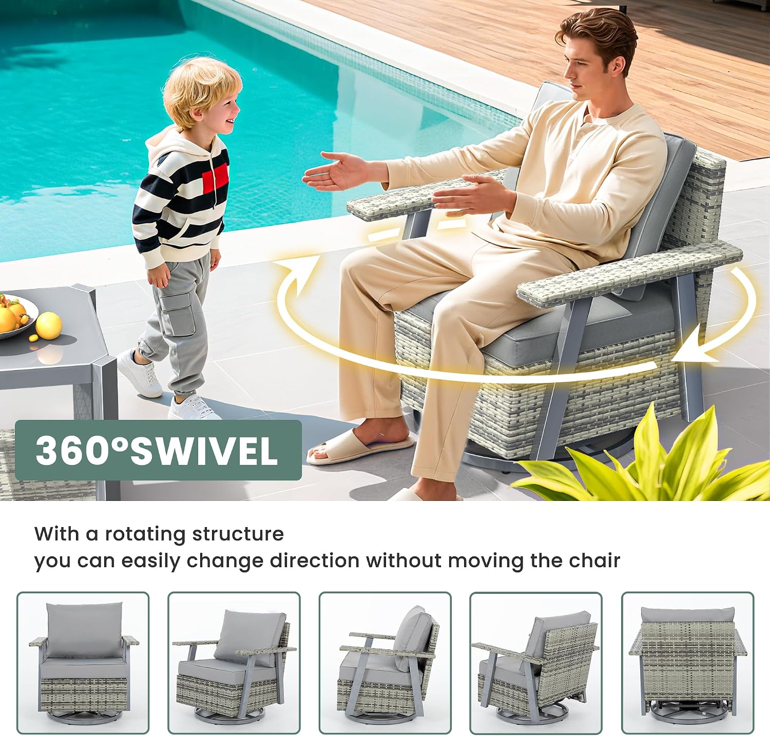 Pamapic 3 Pieces Patio Furniture Set, Outdoor Swivel Glider Rocking Chairs with Thick Cushions, Outdoor Wicker Bistro Set with Side Table, Swivel Conversation Set for Porch, Balcony, Deck