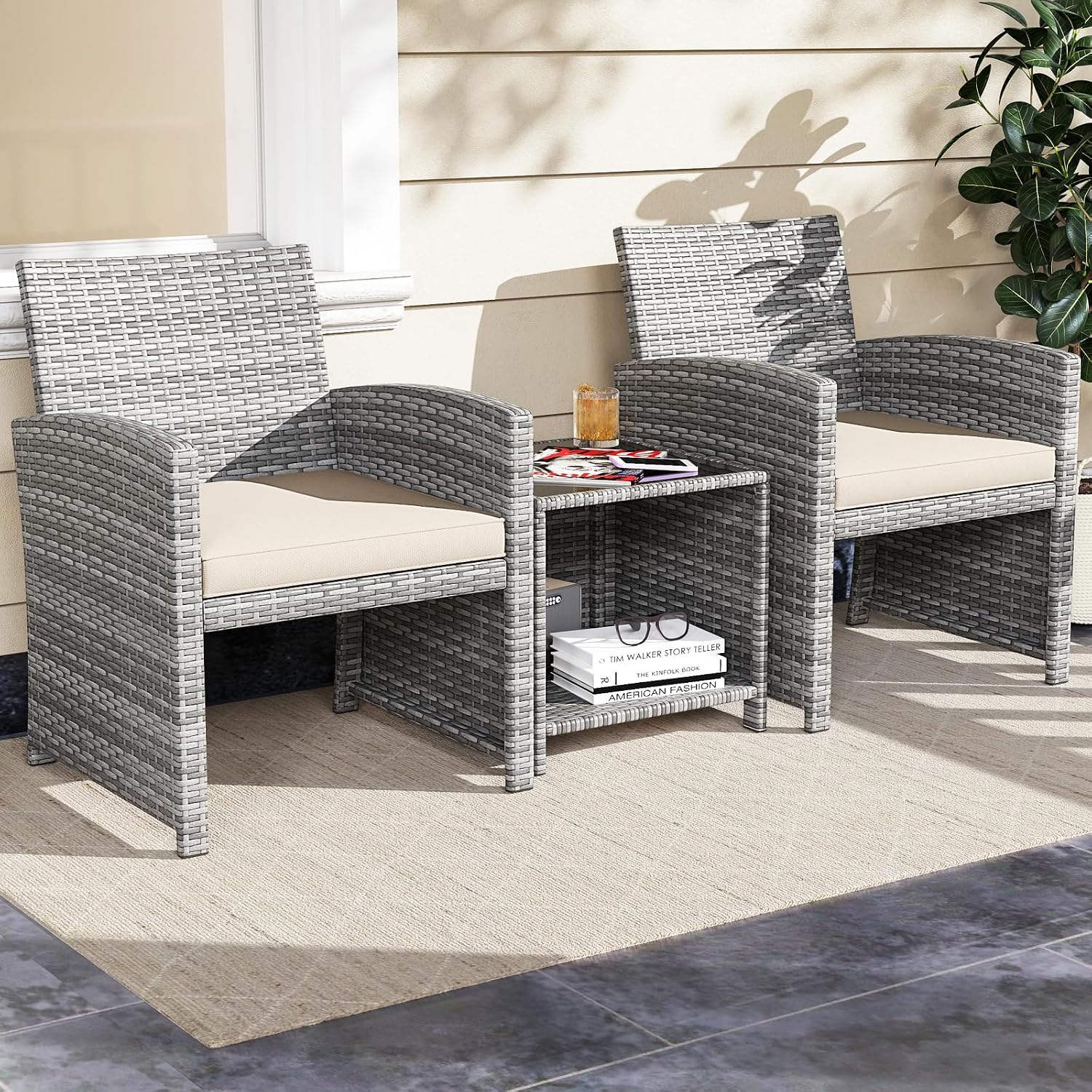 Tangkula 3 Pieces Patio Furniture Set, PE Rattan Outdoor Chairs with Tempered Glass Coffee Table & Soft Seat Cushions, Patio Bistro Set, Outdoor Conversation Set for Porch, Backyard Poolside (White)